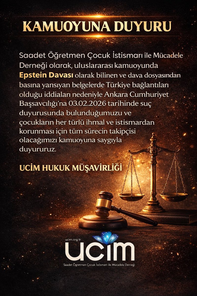 KAMUOYUNA DUYURU❗️❗️
Sessizlik suç ortaklığıdır; çocuklar için susmayacağız.
Saadet Öğretmen Çocuk İstismarı ile Mücadele Derneği olarak, uluslararası kamuoyunda Epstein Davası olarak bilinen ve dava dosyasından basına yansıyan belgelerde Türkiye bağlantıları olduğu iddiaları