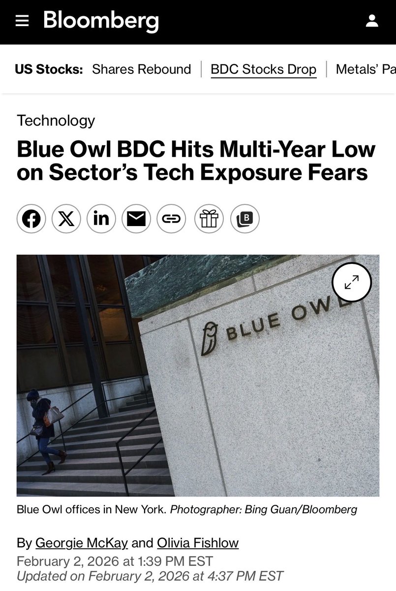 kshaughnessy2's tweet photo. Private lenders holding $100 billion in software loans are nervous 

“…The selloff reflects a deepening anxiety over exposure to a sector currently being upended by artificial intelligence. 

Fears of disruption have rattled credit globally, prompting software loans in the broadly syndicated market to trade off around 4 points last week. 

An index that tracks software shares plunged 15% in January, its biggest monthly decline since October 2008. 

“Software is the largest sector exposure for BDCs, at around 20% of portfolios, making the industry particularly sensitive to the recent decline in software equity and credit valuations,” Barclays analysts including Peter Troisi wrote in a note on Monday. 

The total exposure was about $100 billion in the third quarter of last year, the analysts said, citing PitchBook data…..”

https://t.co/yBynIPTSK3
