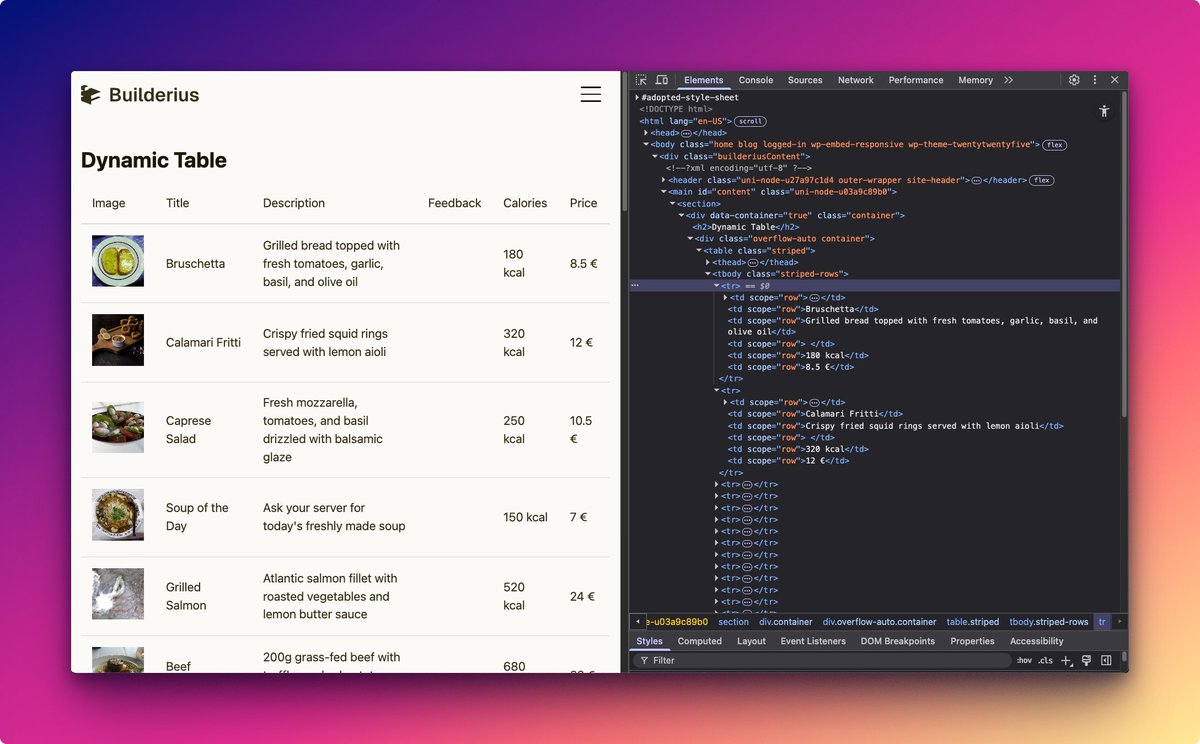 builderius's tweet photo. Collections now accept any HTML tag.

Need a data table? Use actual <table> elements—not divs styled to look like tables.

Need native accordions? Use <details> and <summary>.

Semantic HTML. Built visually.
#semantichtml #Accessibility #datatables https://t.co/ZhBpv2LLv8