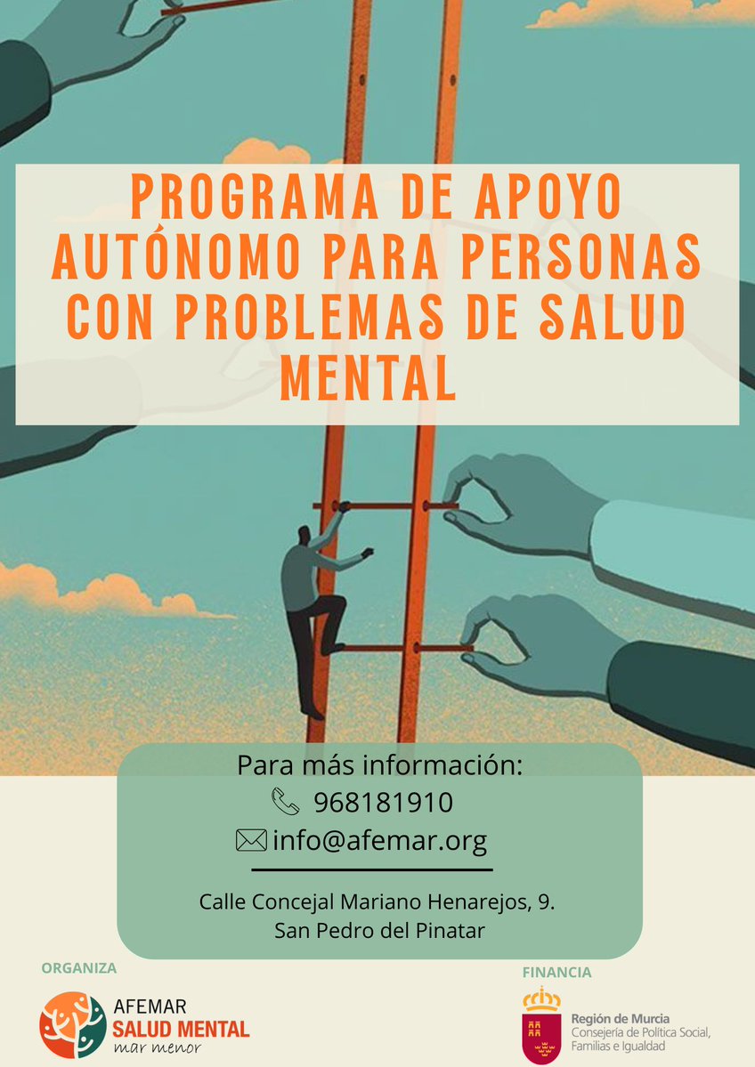 AFEMAR impulsa un programa que acompaña a personas con problemas de salud mental persistentes en el desarrollo de su autonomía y bienestar.
Trabajamos con su grupo de confianza, reforzando habilidades y participación en su entorno.
💚Caminando juntos hacia una vida más
autónoma.