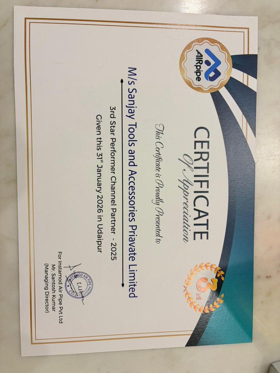 Sanjaytools's tweet photo. Team Airpipe congratulations for achieving Sales Achievement Award 2025/3rd Star⭐️Performer Channel Partner Award 2025 & All India/Best Payment Master Award 2025
@Sanjaytools
#SanjayTools #TeamAirpipe #PartnerSuccess #BusinessExcellence #IndustryRecognition #TeamAchievement https://t.co/LgrN5oh8AI