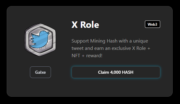 Claim your reward for role X! 🎉
Complete the quest on Galxe and get 4000 HASH.
It’s simple:
1️⃣ Make a unique tweet about the project
2️⃣ Complete the Galxe quest
3️⃣ Receive your tokens 💰

Guide 👉 t.me/HashCoinNews/1…
#HASH #Galxe #CryptoReward #Airdrop #Crypto
