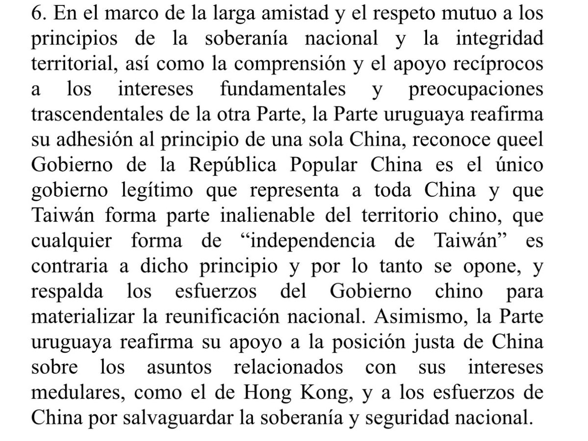 ngkeusseian's tweet image. 🇺🇾 🇨🇳 DECLARACIÓN CONJUNTA

Uruguay adhirió “al principio de una sola China”, reconoce que “el gobierno de China es el único gobierno legítimo que representa a toda China” y que “Taiwán forma parte inalienable del territorio chino”.