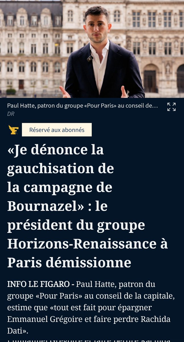 🚨⚠️OFFICIEL: La candidature de <a href="/pybournazel/">PierreYves Bournazel</a> n'a qu'un but: faire perdre Rachida Dati pour faire gagner la gauche. Et c’est le président de son groupe qui le dit en claquant la porte!

🗳️Pour Paris, la seule alternative à cette gauche prête à s'allier à LFI: c'est <a href="/datirachida/">Rachida Dati ن</a>!