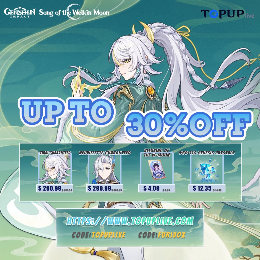 Zibai is here! ❤️‍🔥

🦄The White Horse Adeptus of Liyue!

🌙Unique Lunar-Crystallize reactions paired with massive damage—an absolute must-pull core for your team!

👉shop now:  topuplive.com/genshinImpact?…

🔥Use code: [topuplive] or [furivox]

#game #genshinimpact  #zibai