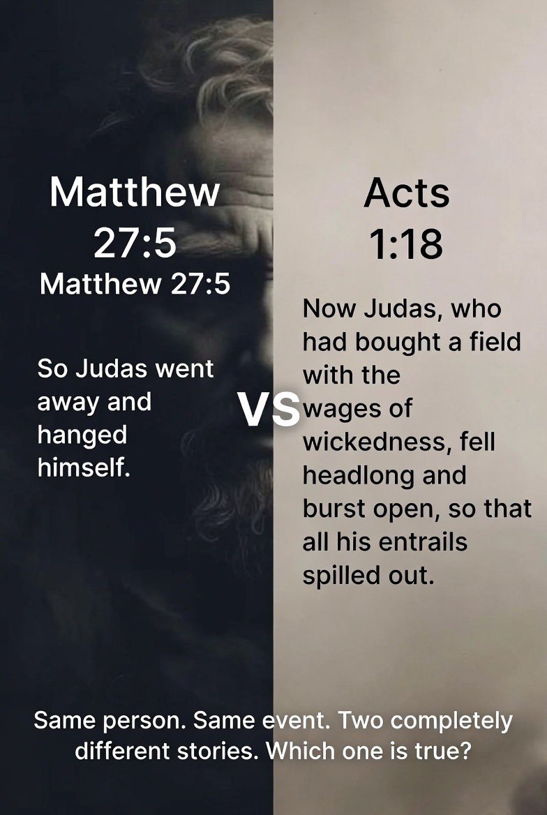 TheSkepticWiz's tweet photo. The Bible can’t even agree on how Judas died
#Atheism #Agnosticism #FreeFromReligion #BibleContradictions #CriticalThinking #NoGod #SecularLife #ThinkForYourself #ExChristian #Religion #TruthMatters #QuestionEverything #Atheist #Agnostic #FreeThought https://t.co/LvVqDwxcB1