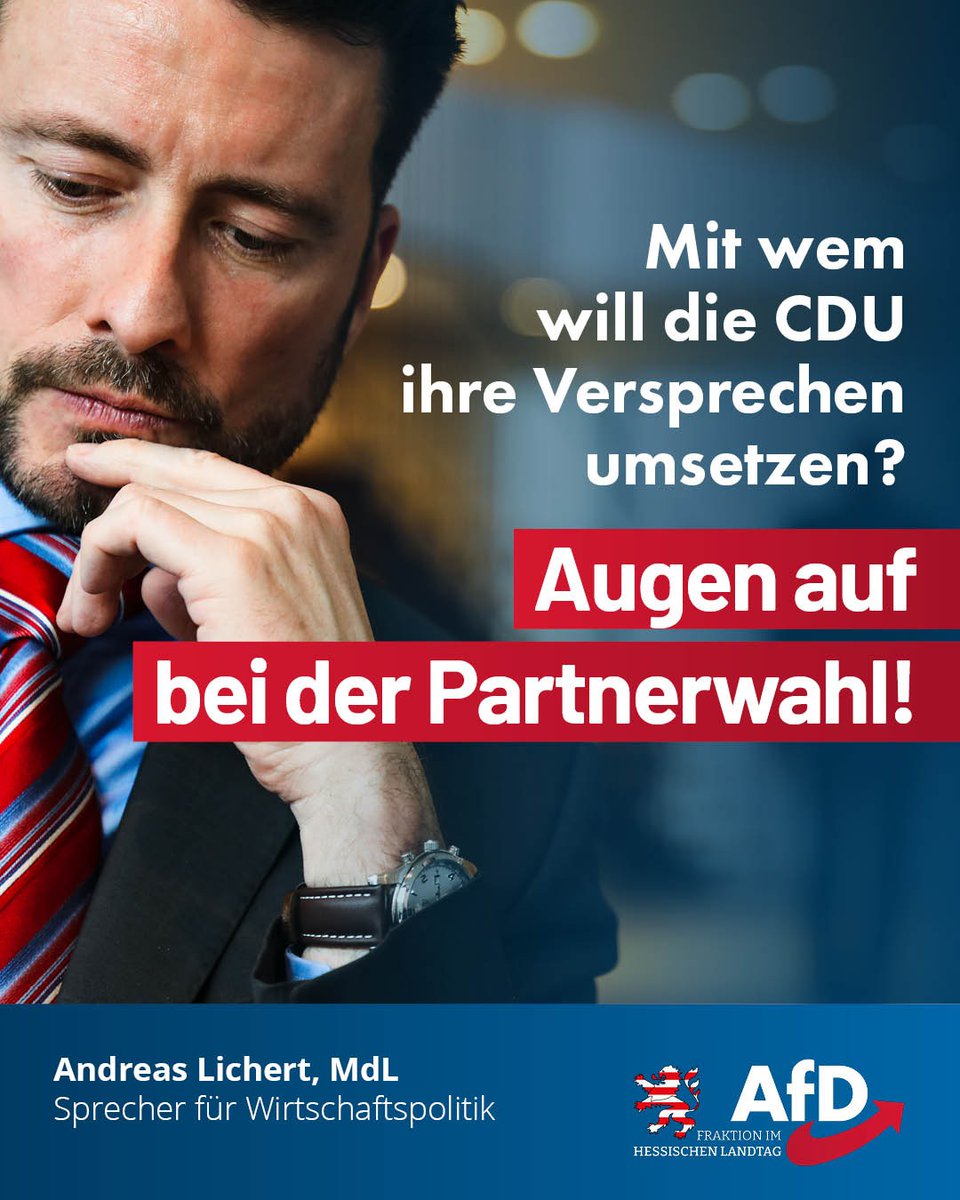 Mit wem will die CDU ihre Versprechen umsetzen? Augen auf bei der Partnerwahl!

Zur Thematisierung einer „Modernisierungsagenda“ durch die CDU-Fraktion im Hessischen Landtag sagt der wirtschaftspolitische Sprecher der AfD-Fraktion, Andreas Lichert:
"Sie werfen das Geld mit beiden