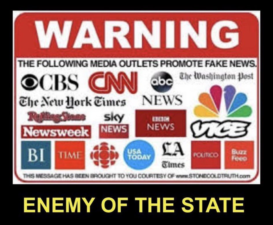 Gulicio1's tweet image. “Wake up, America! This graphic nails it—these so-called ‘news’ outlets are pumping out fake news daily and acting like the real enemy of the state. Time to question everything they feed us. #FakeNews #MediaBias #EnemyOfThePeople