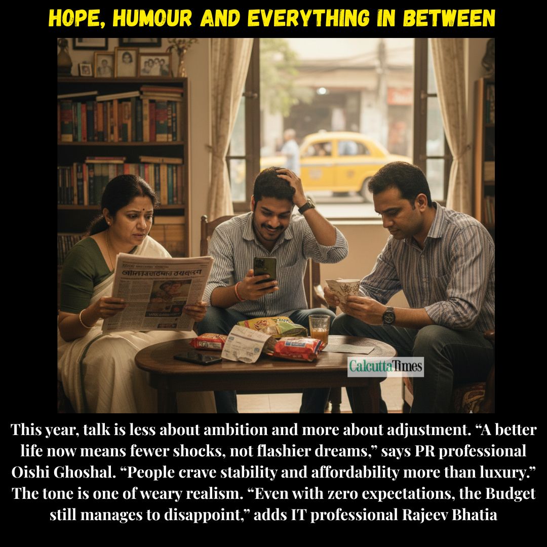 Calcutta_Times's tweet photo. Union Budget 2026 has social media buzzing β from jokes about price hikes to quiet frustration over taxes and job security. For the urban middle class, hope now comes with terms and conditions. πΈπ€·ββοΈ
#UnionBudget2026 #MiddleClassMood #BudgetBuzz #SocialMediaReacts #EMIs https://t.co/y2DN3aK6KQ