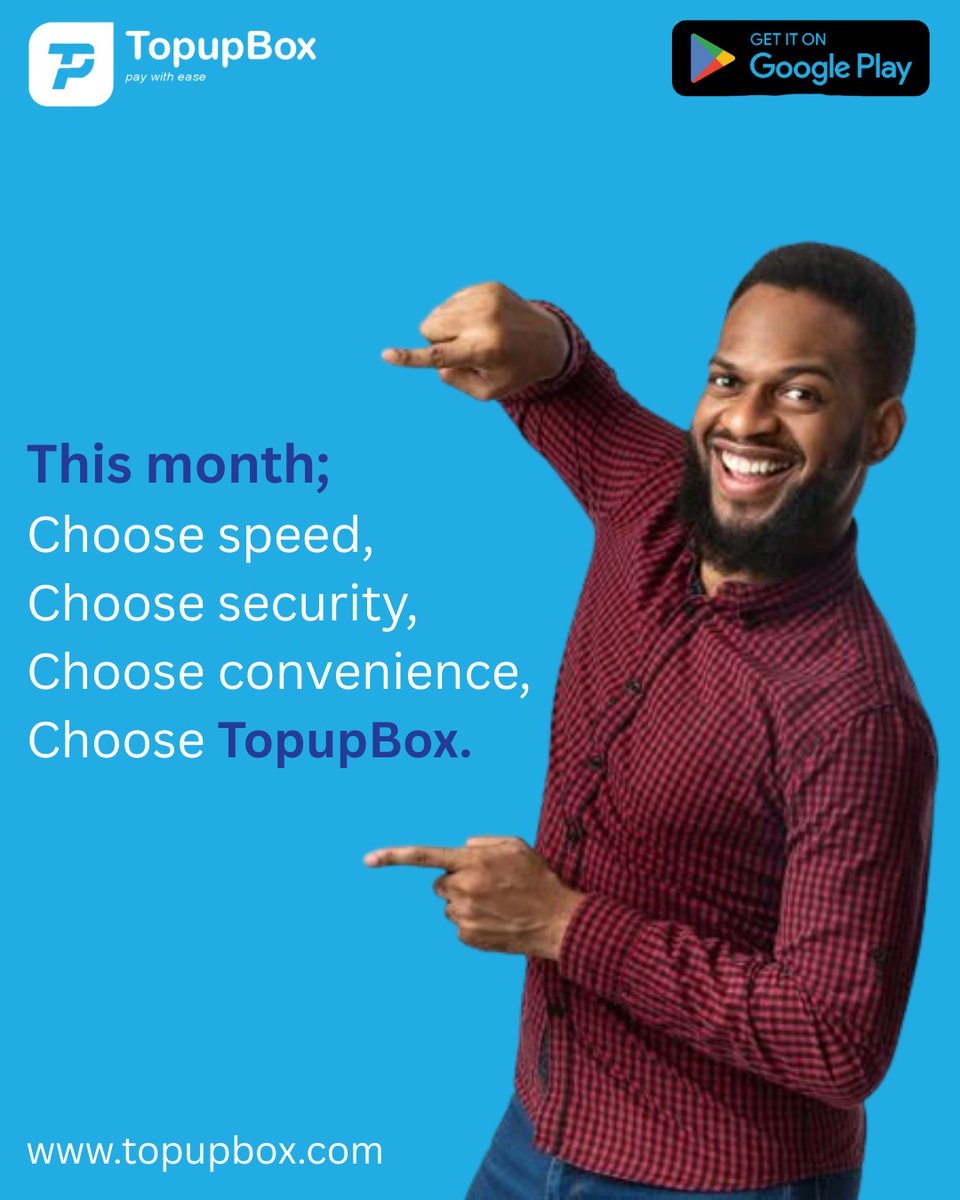 topupboxHQ's tweet image. Choose speed.
Choose security.
Choose convenience.
Choose TopupBox 💙

Your everyday payments, made easy.
📲 Download on Google Play
🌐 topupbox.com

#TopupBox #PayWithEase #SmartPayments #DigitalFinance #FintechNigeria