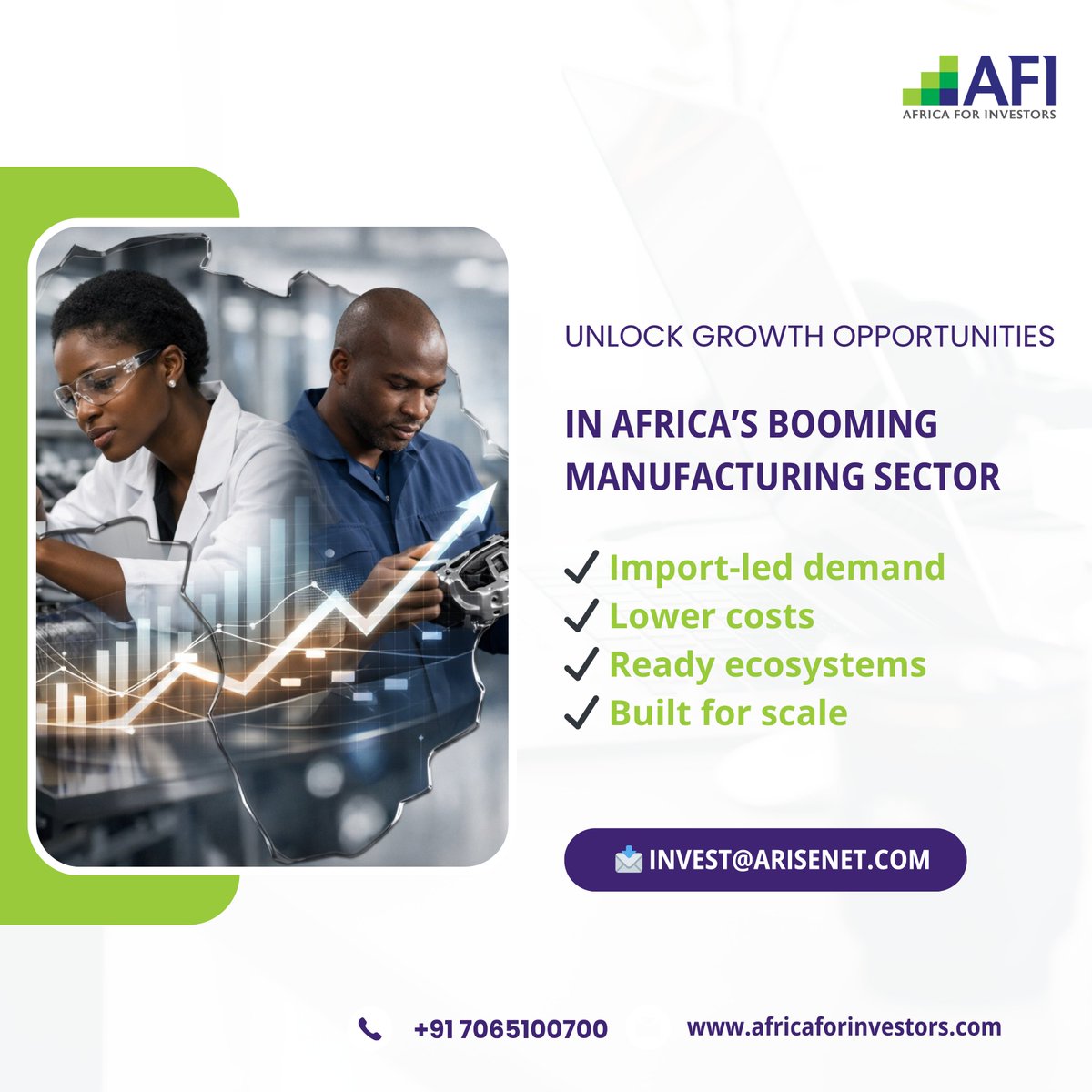 AFInvestors's tweet photo. At Africa for Investors (AFI), we help manufacturers move beyond thin margins by setting up in African markets where 80% of demand is still import-led. Manufacturing within strategic industrial zones can cut operational costs by up to 40%.
Add competitive land and power pricing, affordable labour, a large, young workforce, and the advantage is clear.
If you’re evaluating where to manufacture next, we can help you identify the right location and ecosystem:
🔗 https://t.co/YRm4h8Aan1
Let’s talk:
📩 invest@arisenet.com
📞  +91 7065100700

#InvestInAfrica #AfricaForInvestors #AriseIIP #AfCFTA #ManufacturingIndustry