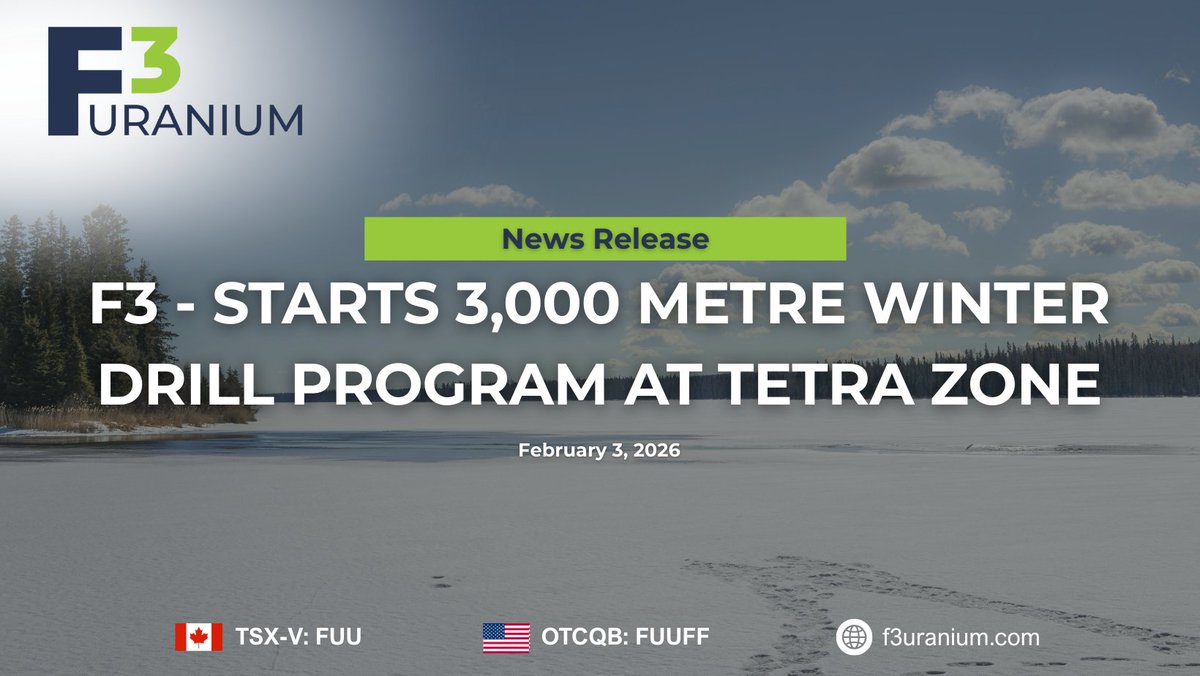 News Alert🚨
F3 - Starts 3,000 Metre Winter Drill Program at Tetra Zone

Read here👇
juniorminingnetwork.com/junior-miner-n…

$FUU $FUUFF #uranium