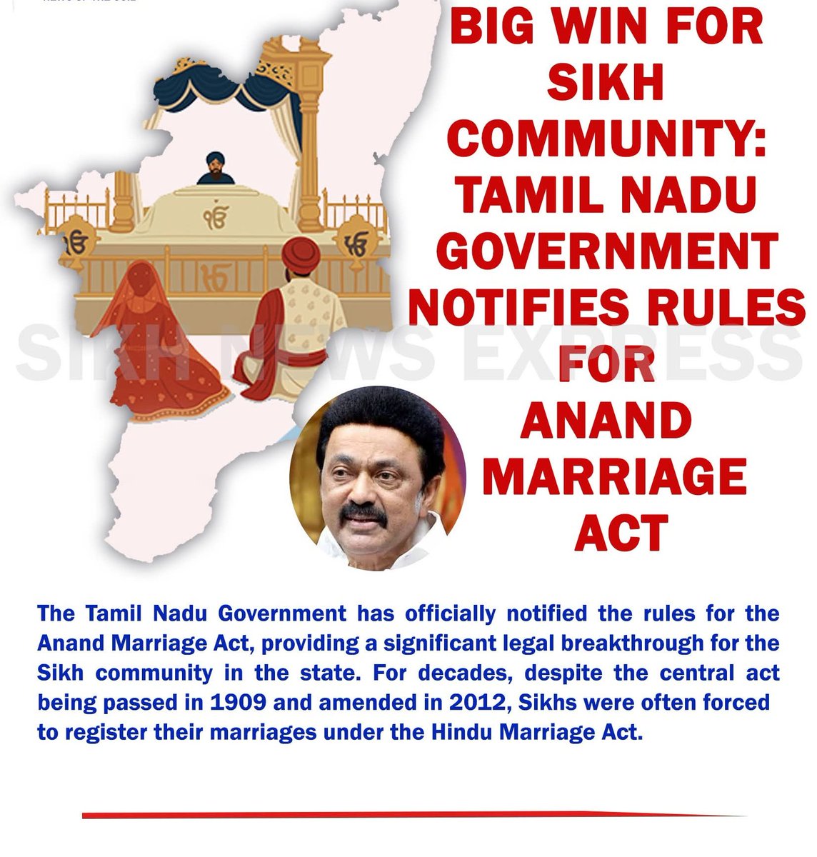 SlfUP's tweet photo. Big Win for Sikh Community:
Tamil Nadu Government Notifies Rules for Anand Marriage Act |
@mkstalin @CMOTamilnadu
#govtoftamilnadu
#AnandMarriageAct #SikhCommunity #AnandKaraj #SikhIdentity #LegalRights #TamilNaduSikhs #MajorRelief #MarriageRegistration https://t.co/mRih7U6j5y