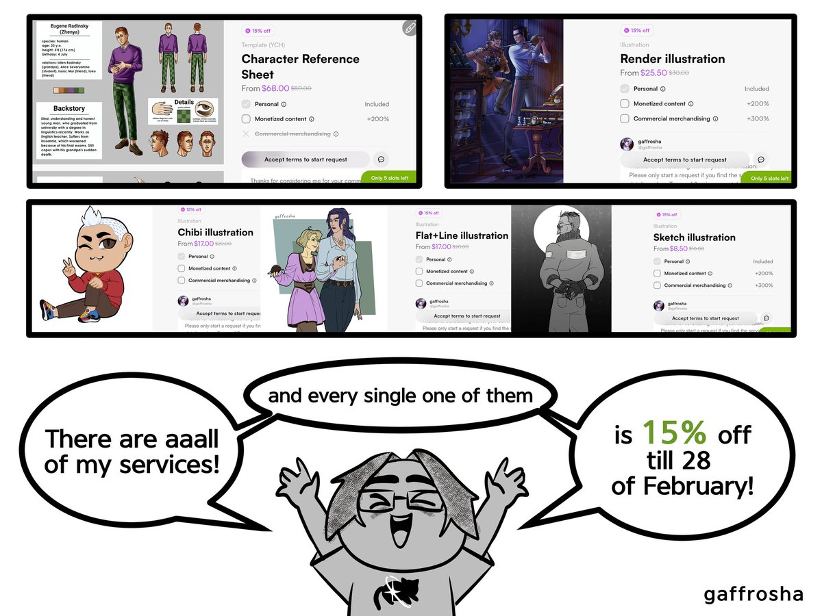 gaffrosha_'s tweet photo. #VGenShop #VGencomms #VGenArtist 
hi! opened my vgen comms recently
everything is on good discount rn, so don't be shy to stop around :) 
rt's are really appreciated! 💚 https://t.co/JRUR3prkcq