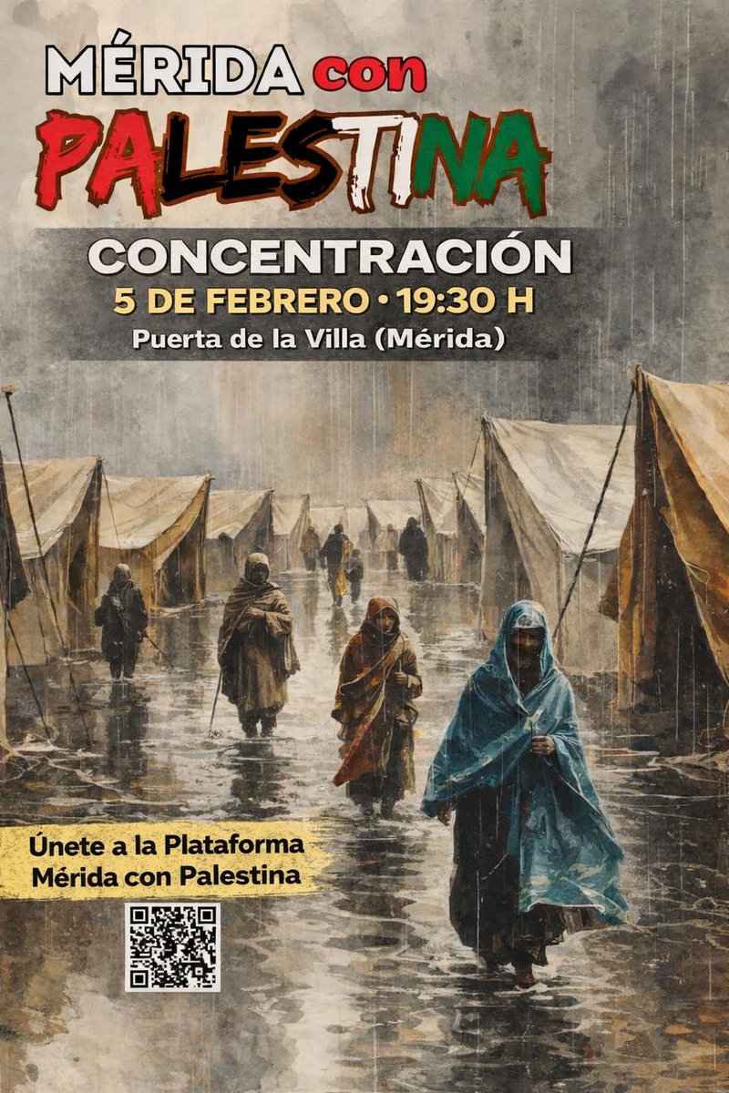 🇵🇸 Concentración #Mérida con #Palestina 

🗓 Jueves 5 de febrero
⏰️ 19:30 horas
📍 Puerta de la Villa en Mérida 

📣 Acude a mostrar tu rechazo al genocidio