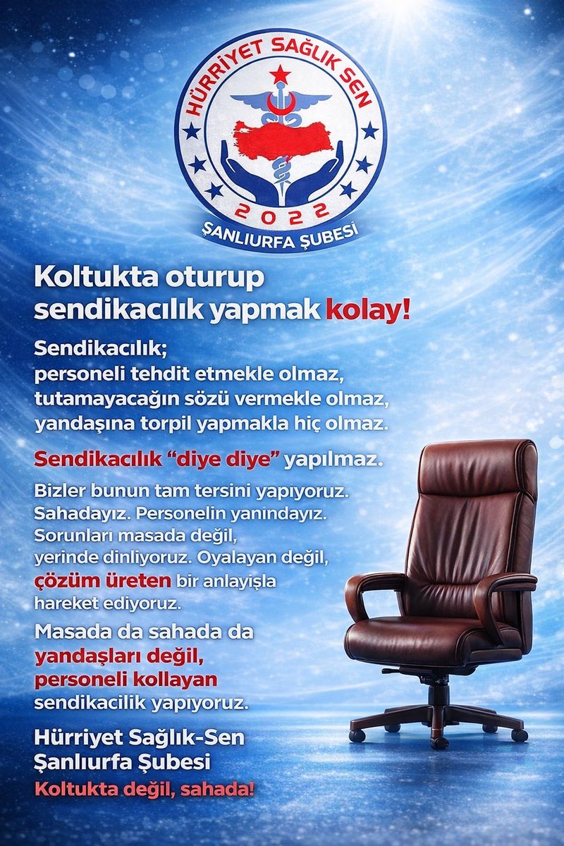 Sendikacılık;
koltukta oturup ahkâm kesmek değildir.
Personeli tehdit etmek, tutulamayacak sözler vermek,
yandaşına torpil yapmak hiç değildir.

Bizler bunun tam tersini yapıyoruz.
Sahadayız.
Personelin yanındayız.
Sorunları masada değil, yerinde dinliyor,
oyalayan değil çözüm