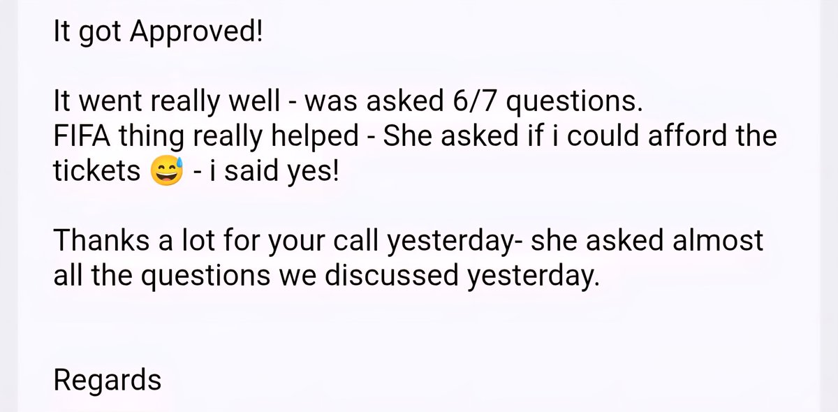 Kenu73's tweet photo. Some times all you need is right advisory,  Two folks who were just approved today and yesterday. 

 PIC 1 Single, no job but businesses,  barely any ITR and no huge savings people had told him he won't get the visa. Travel history was okaish. 

 His friends and family had scared him stating you won't get the visa. He checked with me, I picked few things from his application and told him,  you have a good chance. 

PIC 2 Single, Great job, travel history of Just Switzerland and UAE, the whole purpose was based on friend in US and FIFA

Both were towards late 20's and the usual ideal candidate which folks will say wont get US visa. 

Both had the visa approved, yes rejections do come and people who have consulted us also get rejected but we mostly are able to identify it. It's just those rare 2-3% cases which can surprise us but we have a solid database of Approvals. 

I will leave it for the folks who have used our services to further advise you, yes we may have very small number of folks who wouldn't have been happy but we are working on making it 99.99% and we will!!! 

And Please don't appear for US visa thinking its all about luck, it isn't.