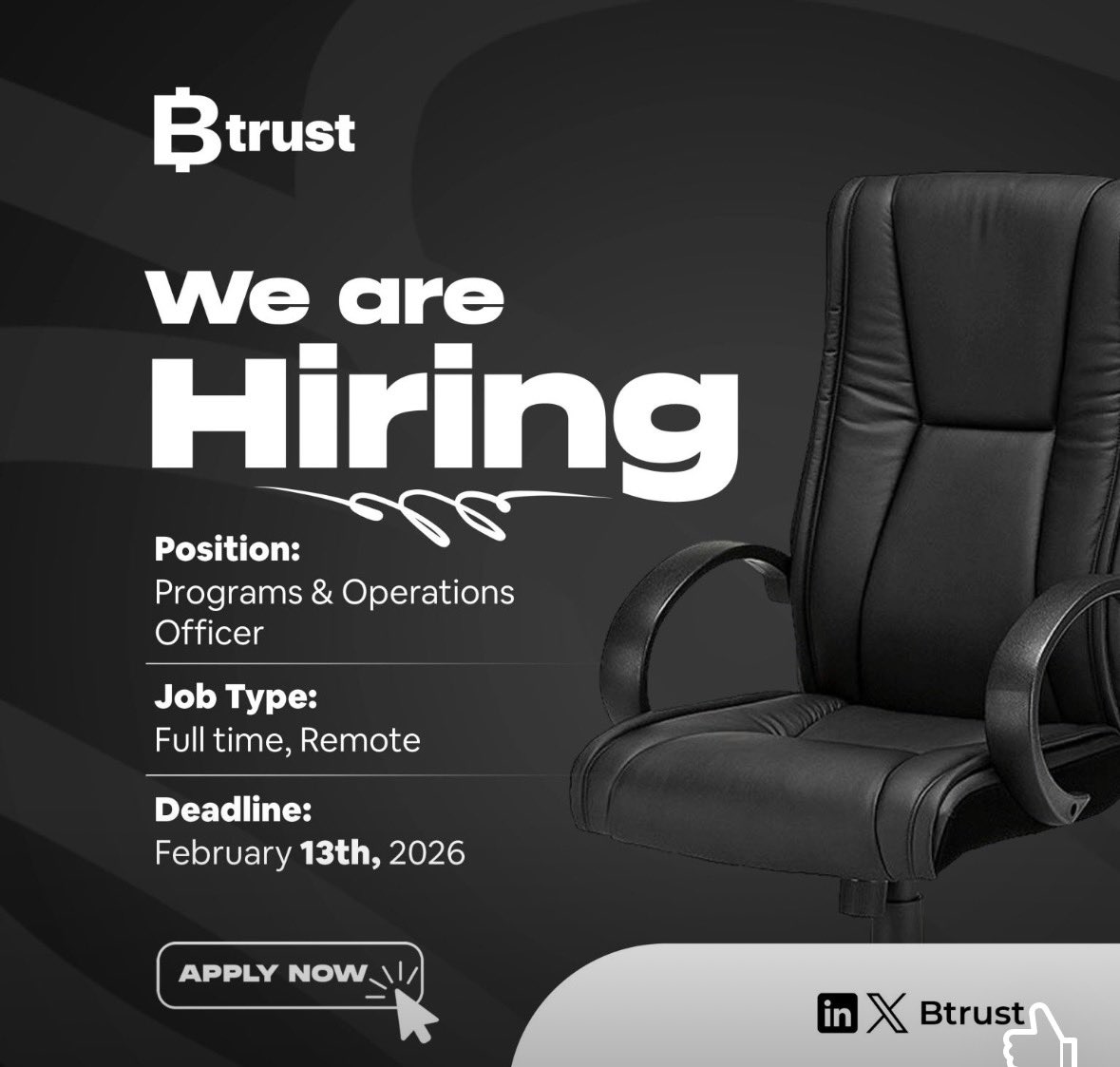 trust is hiring! 🚀

We’re looking for a Programs &amp; Operations Officer to help execute and scale Btrust’s programs, grants, and community infrastructure across the Global South.

This is a full-time, remote role at the center of our work supporting Bitcoin developers, grassroots