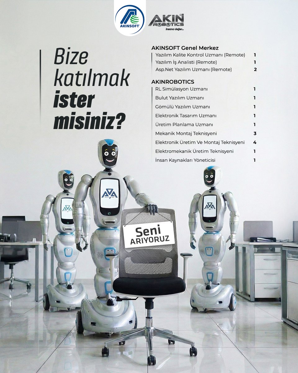 AKINSOFT ve AKINROBOTICS olarak üretim gücümüzü büyütmeye ve istihdam sağlamaya devam ediyoruz! Başvurunu yap, geleceğe adım at!
Detaylar ve başvuru: akinsoft.com.tr

#isbasvuru #akinsoft #akinrobotics
