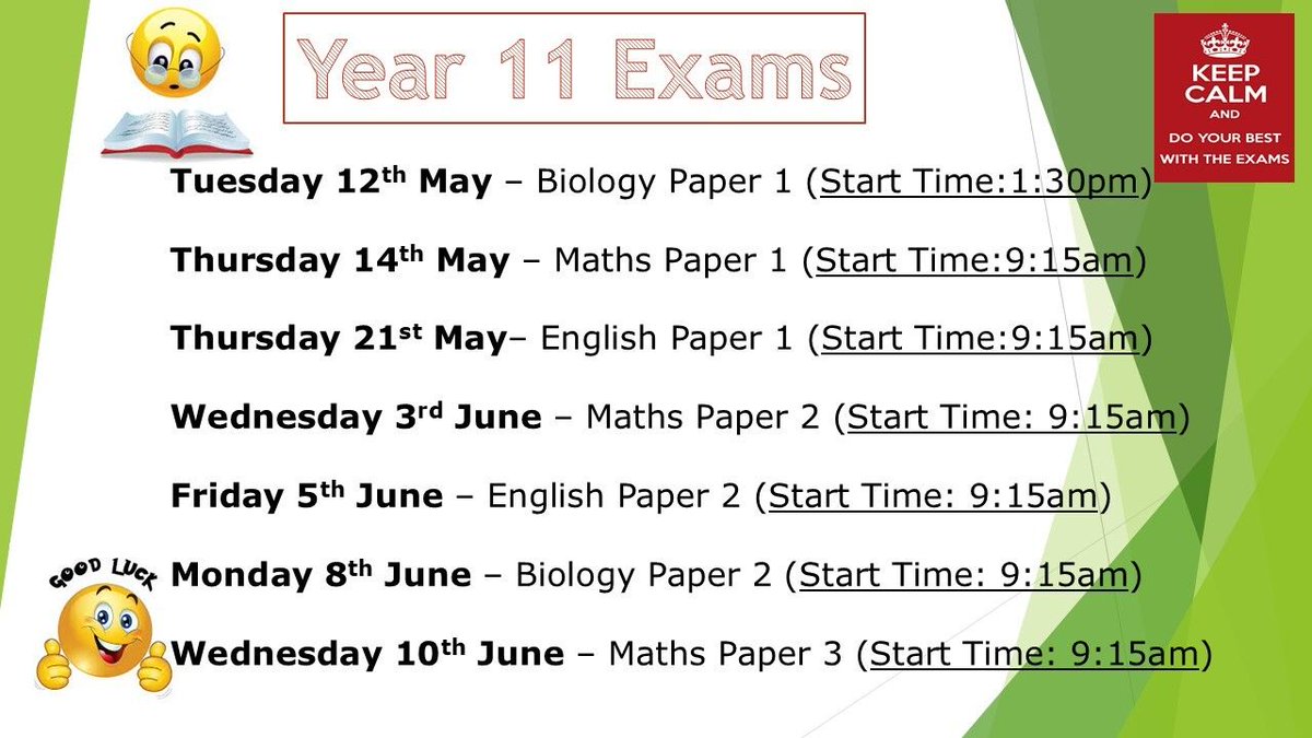 🖋️📚️  Year 11 GCSE Exam Timetable

Here is the GCSE timetable for the 3 core subjects - English Language, Maths and Biology.

All students will also get a personalised exam timetable sent out to their home address in due course.