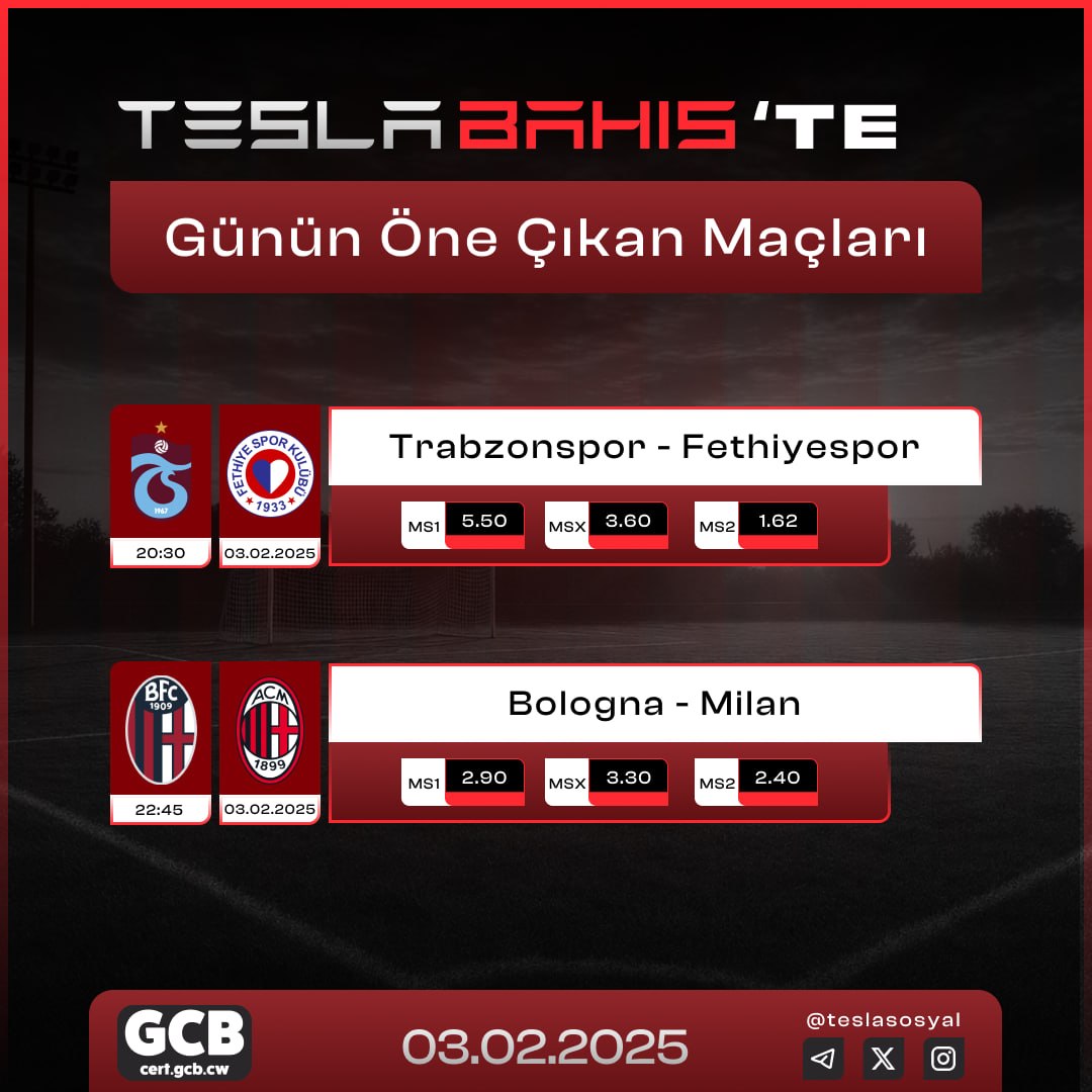 ⭐️ GÜNÜN MAÇLARI EN YÜKSEK ORAN SEÇENEKLERİYLE #TESLABAHİS’TE❗️

⚽️ Trabzonspor 🆚 Fethiyespor
⏰ 20:30

⚽️ Bologna 🆚 Milan
⏰ 22:45

🎁 %25 Spor yatırım bonusuyla bahis keyfini doyasıya yaşayın.

🌐 go.aff.teslaaffilate.com/2st1tqn3