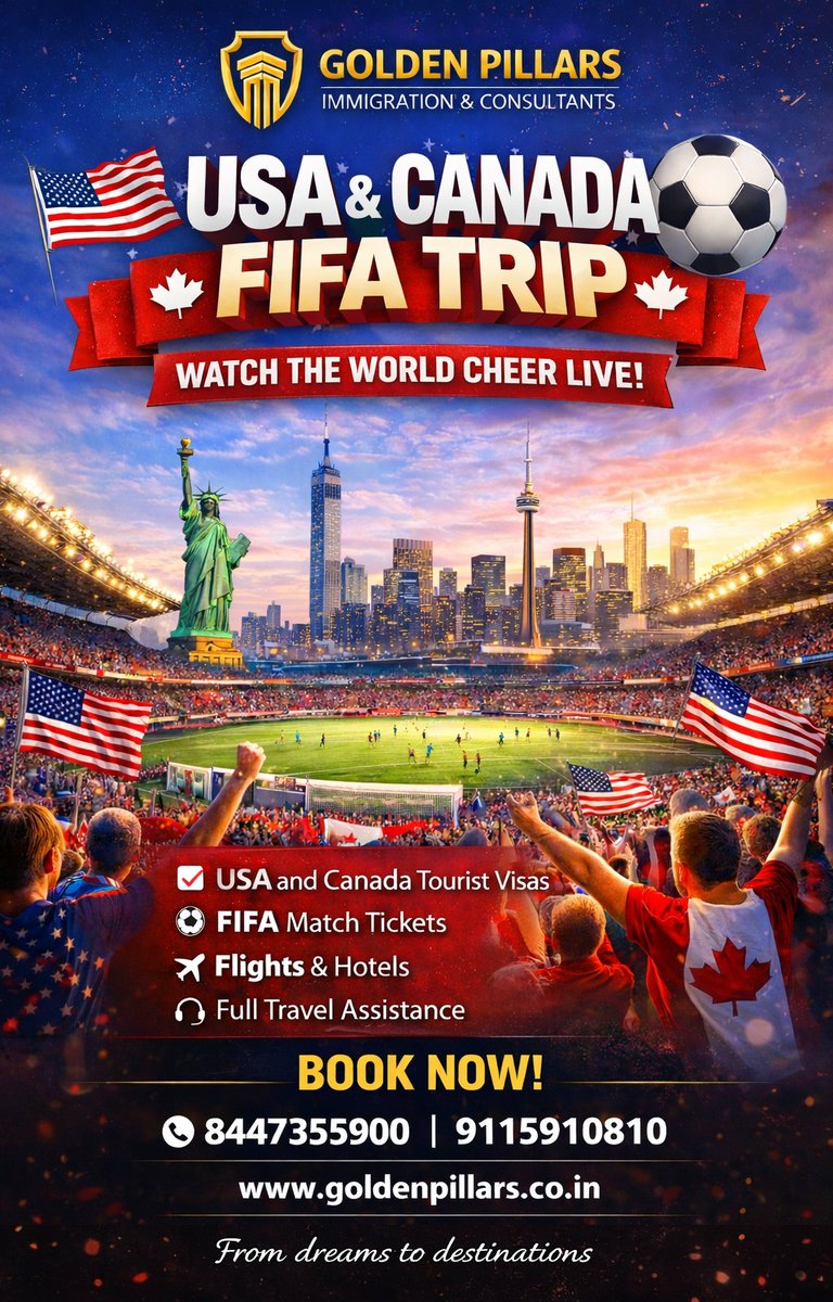 PillarsGolden's tweet photo. Watch the world cheer LIVE from the biggest stadiums. Be part of the electrifying FIFA matches in USA &amp; Canada🌍
With us, your journey is smooth, secure, and stress-free.
✅ USA &amp; Canada Tourist Visas
✅ FIFA Match Tickets
✅ Flights &amp; Hotel Bookings
✅ Complete Travel Assistance https://t.co/iBuJsrSbby