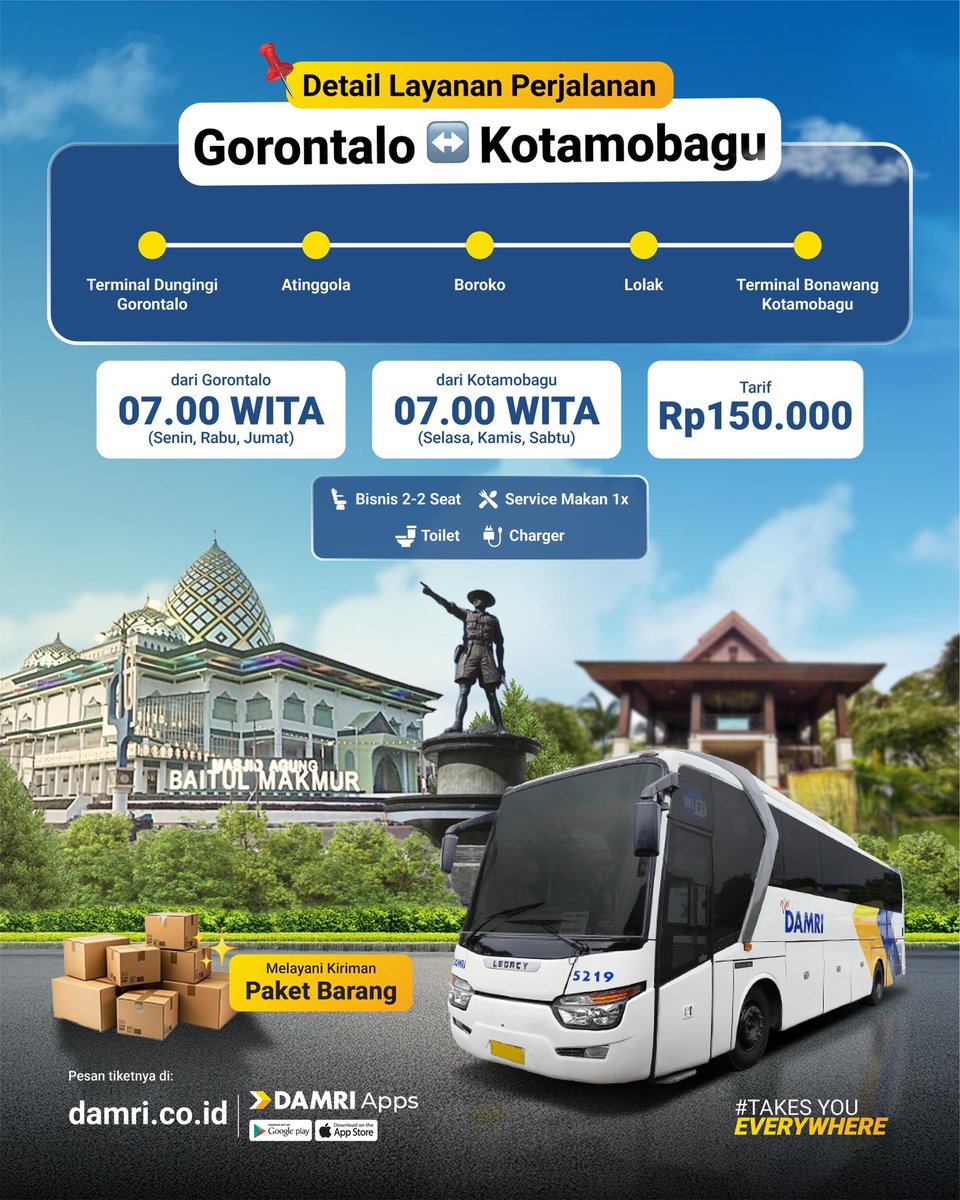 DamriIndonesia's tweet photo. 𝗚𝗼𝗿𝗼𝗻𝘁𝗮𝗹𝗼 &amp; 𝗞𝗼𝘁𝗮𝗺𝗼𝗯𝗮𝗴𝘂 𝗦𝗼 𝗖𝗼𝗻𝗻𝗲𝗰𝘁 🚌✨
DAMRI melayani rute Gorontalo – Kotamobagu PP dengan kelas Bisnis (2-2) + gratis makan 1x

🕖 07.00 WITA
Terminal Dungingi ↔️ Terminal Bonawang
💸 Rp150.000 

Pesan sekarang via DAMRI Apps!

#DAMRI #DAMRIGorontalo https://t.co/b2GRS6tZzx