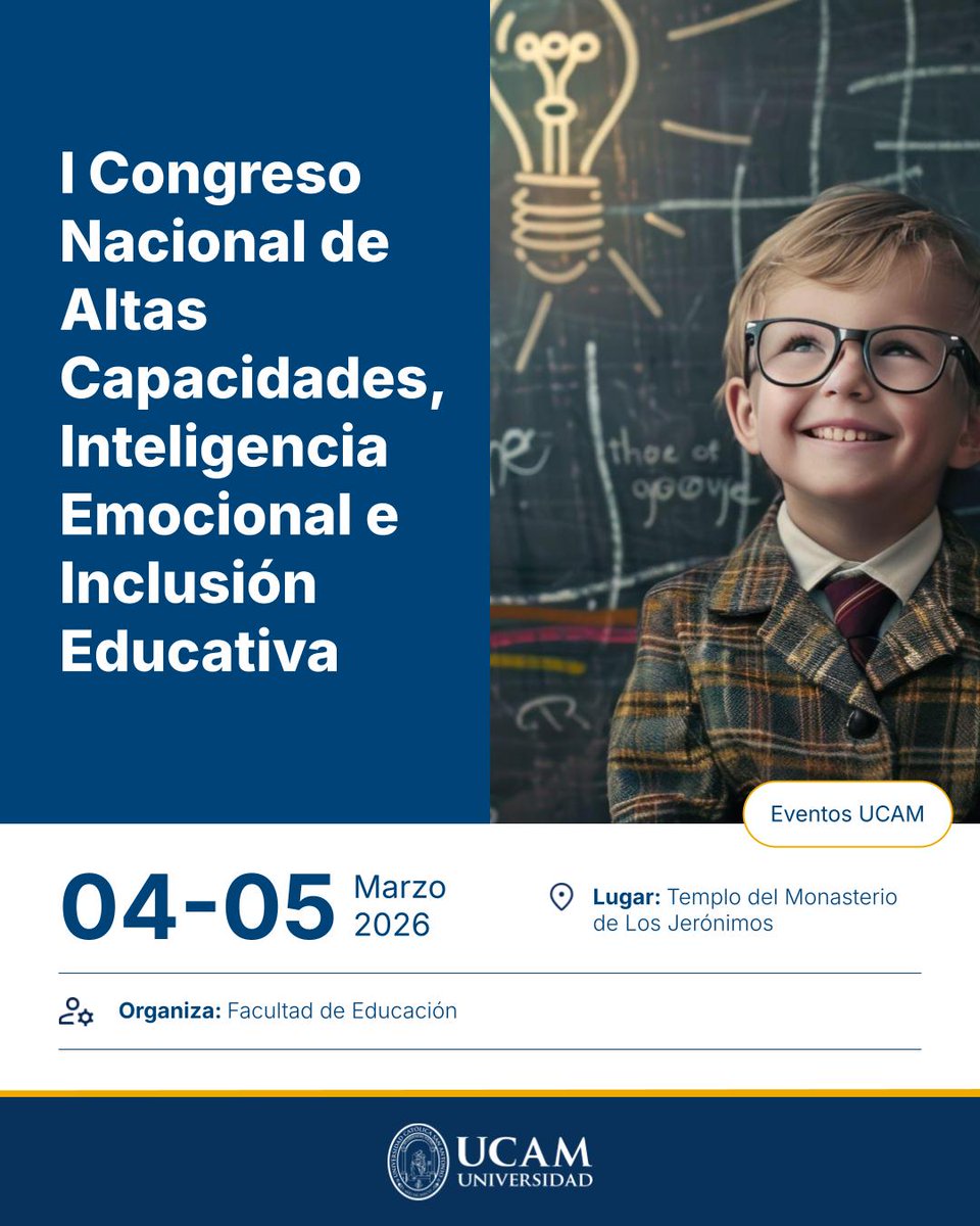 📢 Llega el I Congreso Nacional de Altas Capacidades, Inteligencia Emocional e Inclusión Educativa
📅 4 y 5 de marzo
📍 Templo del Monasterio de Los Jerónimos – UCAM

💬 Un espacio para reflexionar y compartir experiencias sobre cómo la inteligencia emocional y la educación