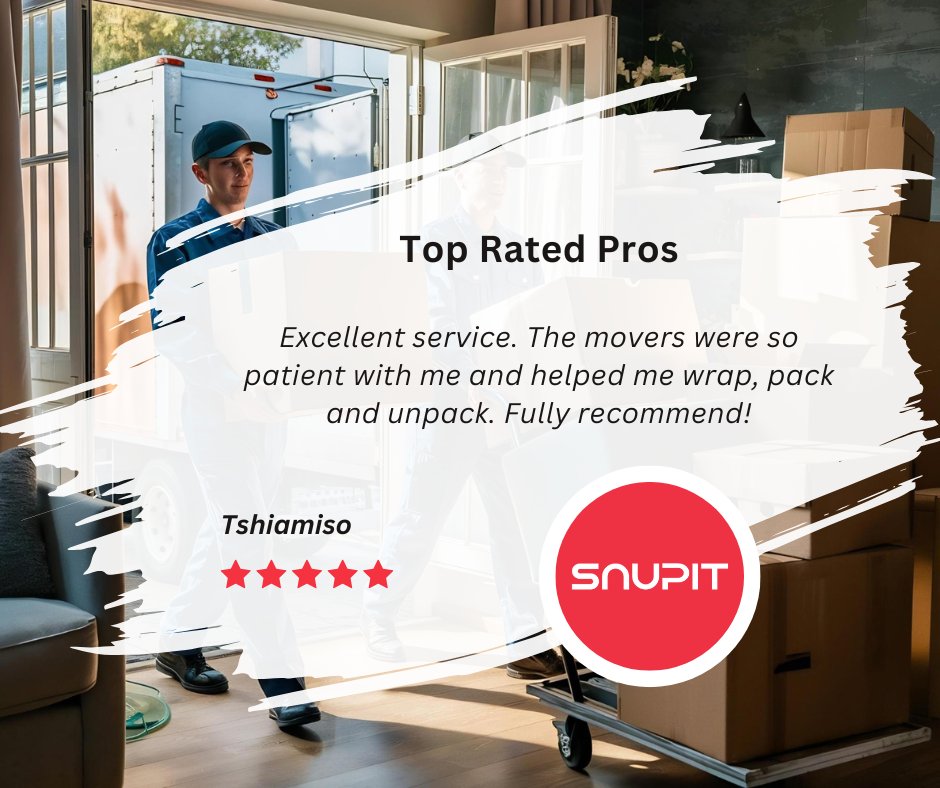 snupitSA's tweet image. Tshiamiso was delighted by the exceptional service received from the furniture movers on Snupit, who truly went the extra mile!

Find Top-rated Professionals in your area — fast and hassle-free on snupit.co.za!
#topratedpros #customerfeedback #movers #randburg #gauteng
