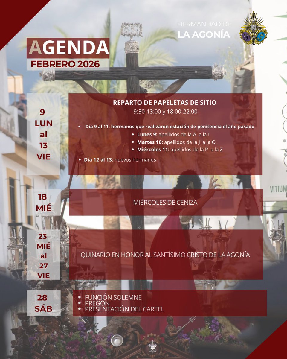 🔴⚪️ Consulta aquí la #AGENDA mensual de la Hermandad 

Consulta aquí los actos y cultos programados para los próximos días

📆 Del 9 al 28 de Febrero 

#HermandadAgonía
