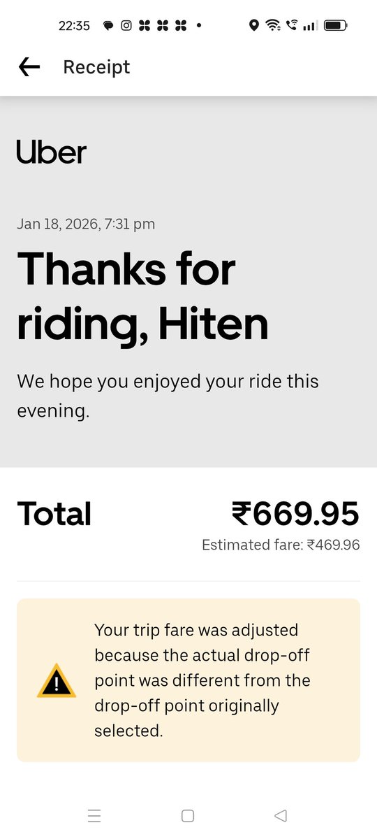jkdmht's tweet photo. Hi @Uber_India On 18th Jan, I travelled from Kandivali (Mumbai) to my residence in Thane. While booking a cab, the fare shown was ₹469, but when the ride ended the fare was ₹669. I had to pay extra ₹200, something which has never happened. The route was regular without traffic https://t.co/f5FB9wL6Ig
