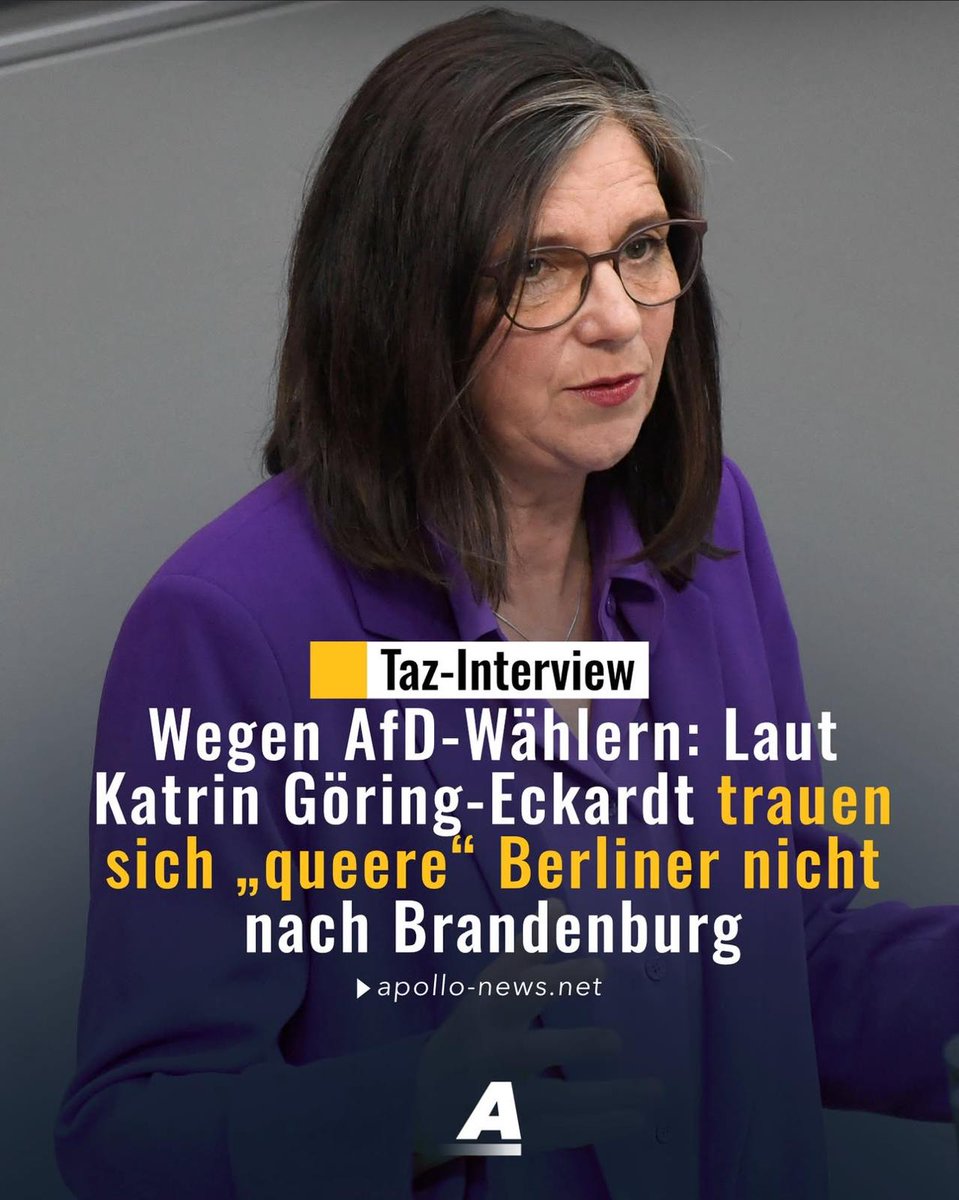 „Queere trauen sich wegen AfD-Wählern nicht nach Brandenburg“, sagt die Küchenhilfe. 🤣
Nicht wegen Messerattacken, nicht wegen No-Go-Areas, nicht wegen importierter Homophobie.

Sondern wegen der AfD-Wähler.

Das ist kein politischer Diskurs mehr,
das ist Realitätsverweigerung