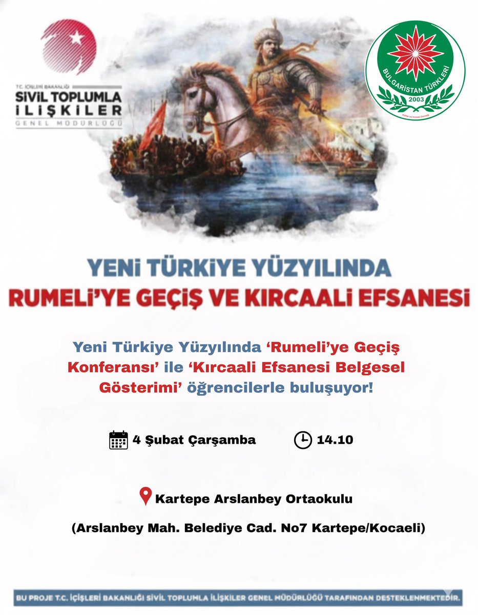 Yeni Türkiye Yüzyılında “Rumeli’ye Geçiş Konferansı” ile “Kırcaali Efsanesi Belgesel Gösterimi” yeni öğrencileriyle buluşuyor!

🗓️ 4 Şubat Çarşamba 
⏰ 14.10
📍 Kartepe Arslanbey Ortaokulu

#konferans #belgesel #kırcaali #bulgaristangöçmenleri #kocaeli̇