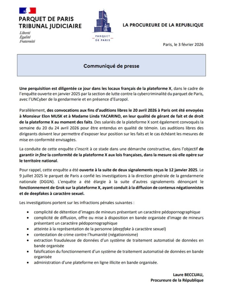 BastionMediaFR's tweet image. 🔴🇫🇷 𝗔𝗟𝗘𝗥𝗧𝗘 𝗜𝗡𝗙𝗢 — Elon Musk est CONVOQUÉ en audition libre le 20 avril 2026 à Paris par le parquet de Paris, dans le cadre de l’enquête visant la plateforme X.

Cette convocation intervient à la suite d’une perquisition menée ce jour dans les locaux français de X, dans…