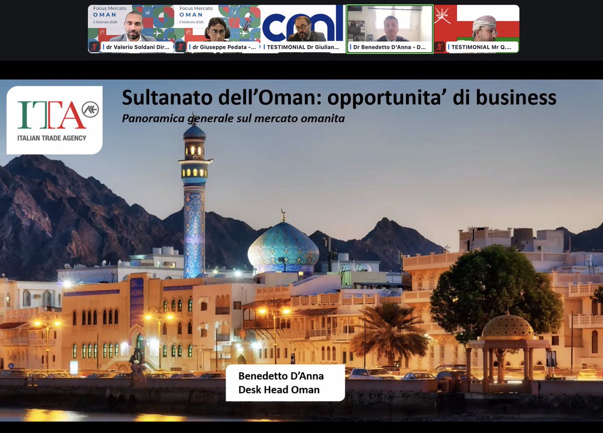 ITADubai's tweet image. 🔴 LIVE NOW: Focus Oman Webinar 🇴🇲
220+ Italian firms are tuned in to explore #Vision2040 opportunities! We’re building bridges for Italian SMEs in innovation &amp;amp; sustainability.
Featuring insights from: 🎙️ Amb. Pierluigi D’Elia  and the @ITADubai team Valerio Soldani 🎙️ Benedetto