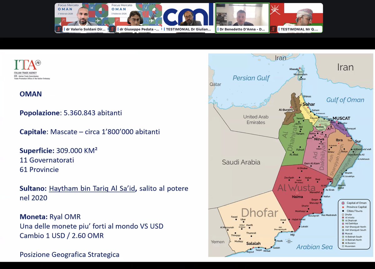 ITADubai's tweet image. 🔴 LIVE NOW: Focus Oman Webinar 🇴🇲
220+ Italian firms are tuned in to explore #Vision2040 opportunities! We’re building bridges for Italian SMEs in innovation &amp;amp; sustainability.
Featuring insights from: 🎙️ Amb. Pierluigi D’Elia  and the @ITADubai team Valerio Soldani 🎙️ Benedetto