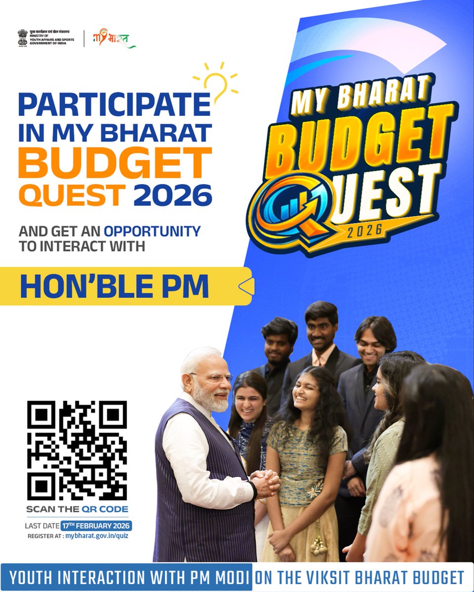 Want to build the India of your dreams? First, understand the Budget! 

Join the MY Bharat Budget Quest,
crack the quiz, and get a chance to discuss Viksit Bharat with our PM!#BudgetQuest2026
#MYBharat