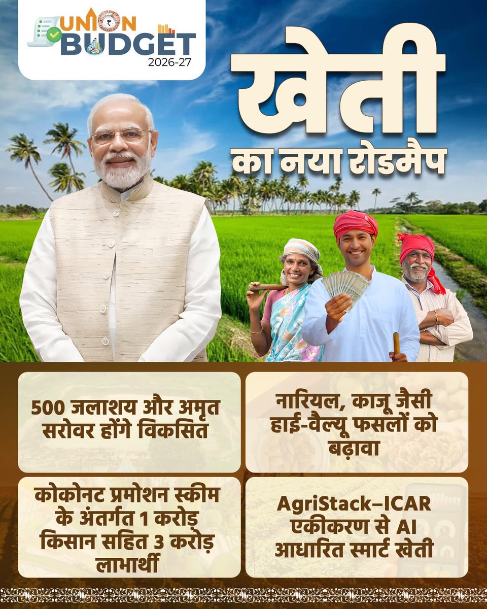 Hkhandelwal1964's tweet photo. सशक्त किसान, समृद्ध भारत: बजट 2026-27 का नया संकल्प! 🌾 🚜

केंद्रीय बजट 2026-27, भारतीय कृषि के इतिहास में एक नया अध्याय लिखने जा रहा है। 

"खेती का नया रोडमैप" न केवल किसानों की आय बढ़ाने वाला है, बल्कि कृषि को आधुनिक तकनीक और टिकाऊ संसाधनों से जोड़ने वाला है।

#ViksitBharatBudget