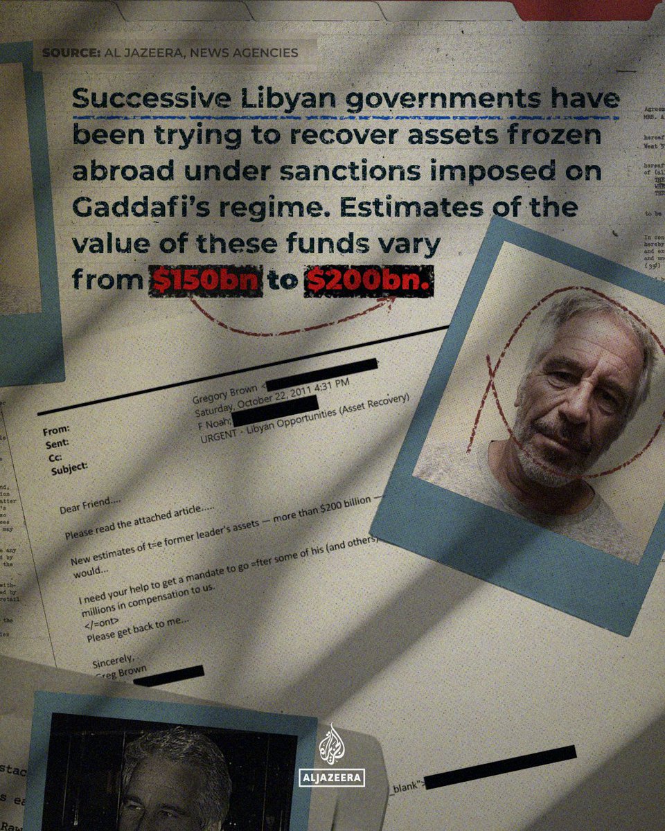 Newly released documents show Jeffrey Epstein’s associates planned to gain access to Libya’s frozen state assets with potential support from former British and Israeli intelligence officials.

🔗: aje.news/qrmozg | #Infograph