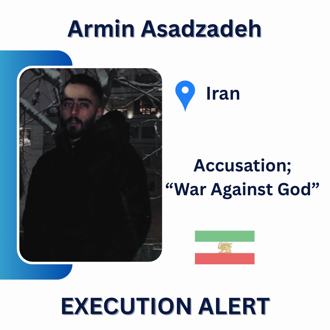 Katierebel2nd's tweet photo. EXECUTION ALERT ⚠️

Khamenei presents himself as “God” while ordering the killing of Iranian civilians who fight to end the terrorist Islamic Republic, using fabricated charges of “War Against God” to justify murder.

⚠️ Armin Asadzadeh, faces imminent execution
📍Iran

Don’t deal with terrorists. 
@WhiteHouse 
@realDonaldTrump 

#IranMassacre 
#KingRezaPahlavi