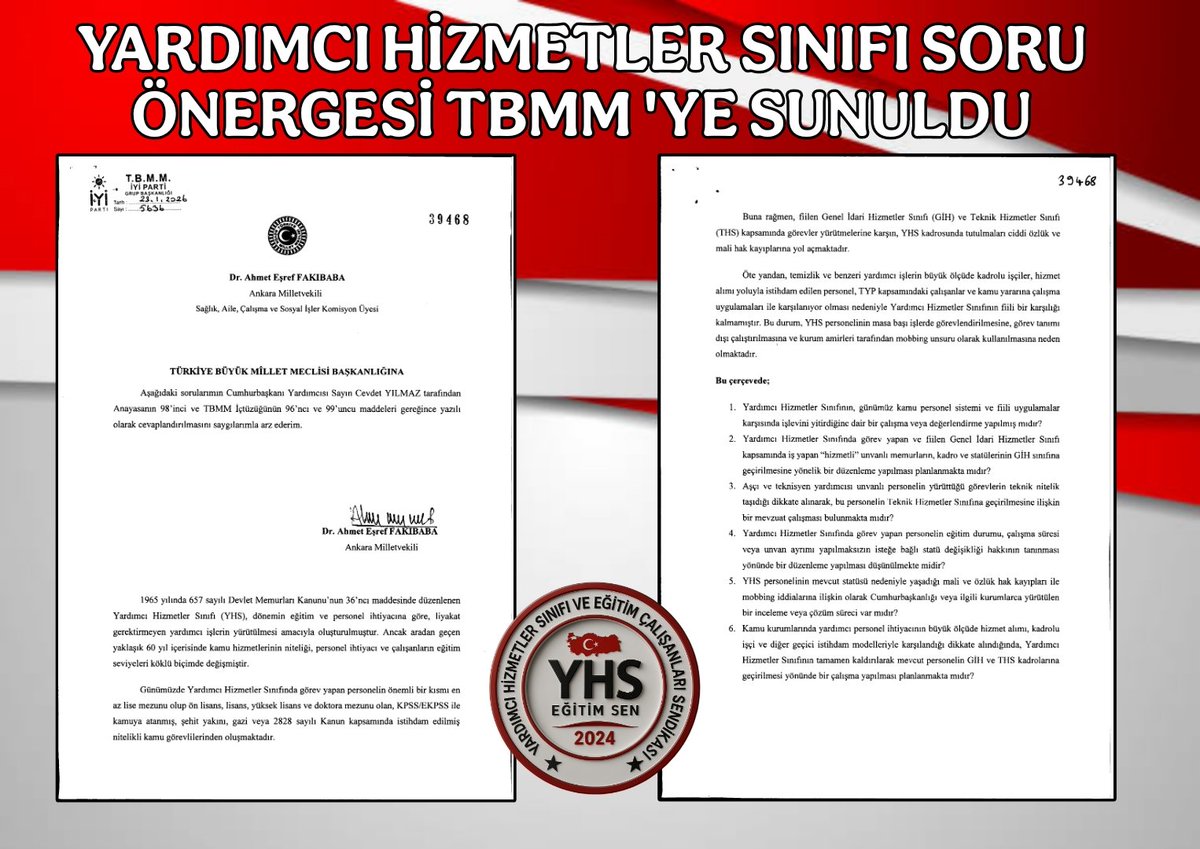 KepsenResmi's tweet photo. Yardımcı Hizmetler Sınıfı’nın yıllardır çözüm bekleyen statü sorunu, görev tanımsızlığı, özlük hakları kaybı ve mobbing uygulamaları, sendikamız tarafından kararlılıkla gündemde tutulmuş; yapılan görüşmeler, iletilen dosyalar ve sahadan aktarılan somut veriler sonucunda Türkiye Büyük Millet Meclisi’ne bir kez daha taşınmıştır.
Bu kapsamda, İYİ Parti Genel Başkan Yardımcısı ve Ankara Milletvekili Sayın Ahmet Eşref Fakıbaba tarafından, Yardımcı Hizmetler Sınıfı’na ilişkin soru önergesi TBMM Başkanlığı’na sunulmuştur. #YardımcıHizmetlerSınıfı @MDervisogluTR @iyiparti @aefakibaba @ComezTurhan @55erhanusta @LutfuTurkkan  @ayyuceturkestas