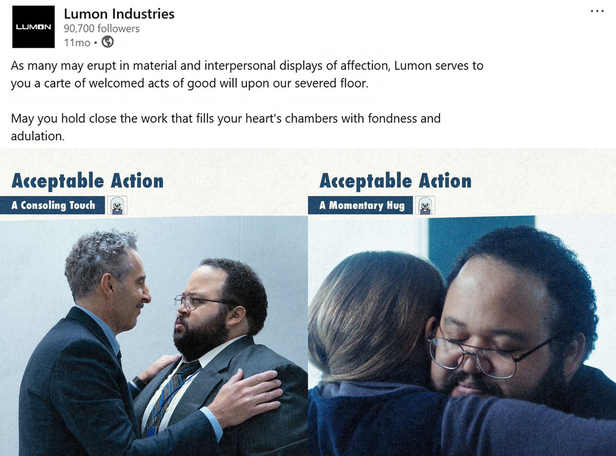 teamdeckerstar's tweet photo. lumon industries on linkedin is a gift &amp; an amazing marketing strategy because of course lumon would have a page on linkedin promoting their work ethic to recruit more people https://t.co/U19Xx1sfCf
