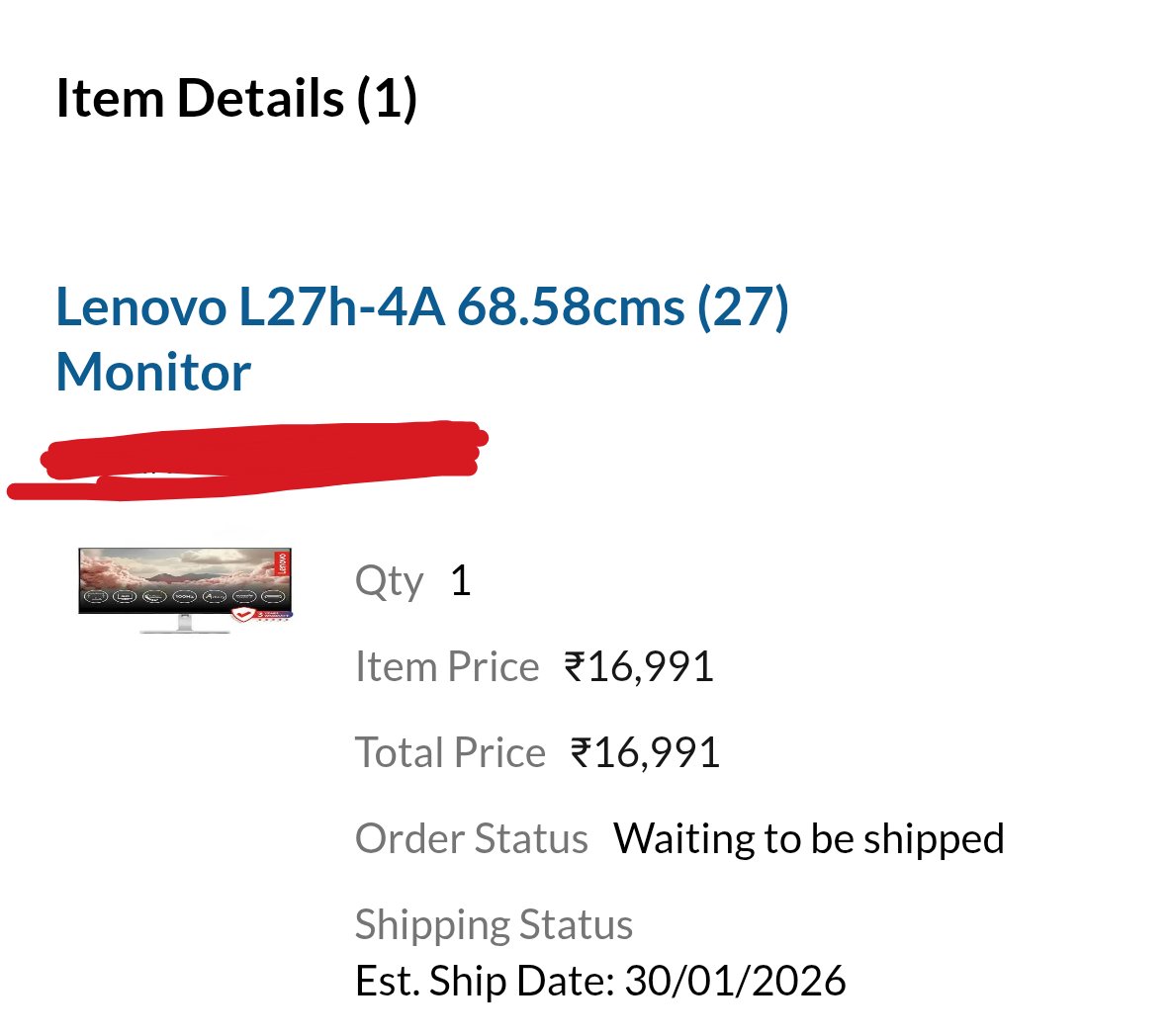 maroofone's tweet photo. 📦 @Lenovo_in Ordered a monitor from your official website on 20th Jan.
➡️ Originally scheduled to ship on 28th Jan, then rescheduled to 30th Jan.
❗ Today is 3rd Feb and the order status still shows “Waiting to be shipped”

What’s going on with my order? Please update ASAP. https://t.co/CXoMfePyBX