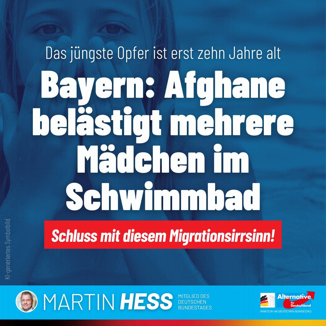 Martin_Hess_MdB's tweet image. Ein 28-jähriger Afghane soll im unterfränkischen Kitzingen mehrere Mädchen im Becken eines Schwimmbads mehrfach angefasst haben. 

Nur wir beenden diesen Wahnsinn! Nur wir kämpfen für unsere Kinder und unsere Enkel!

welt.de/vermischtes/ar…

#Afghan #Schwimmbad #Kinder #AfD