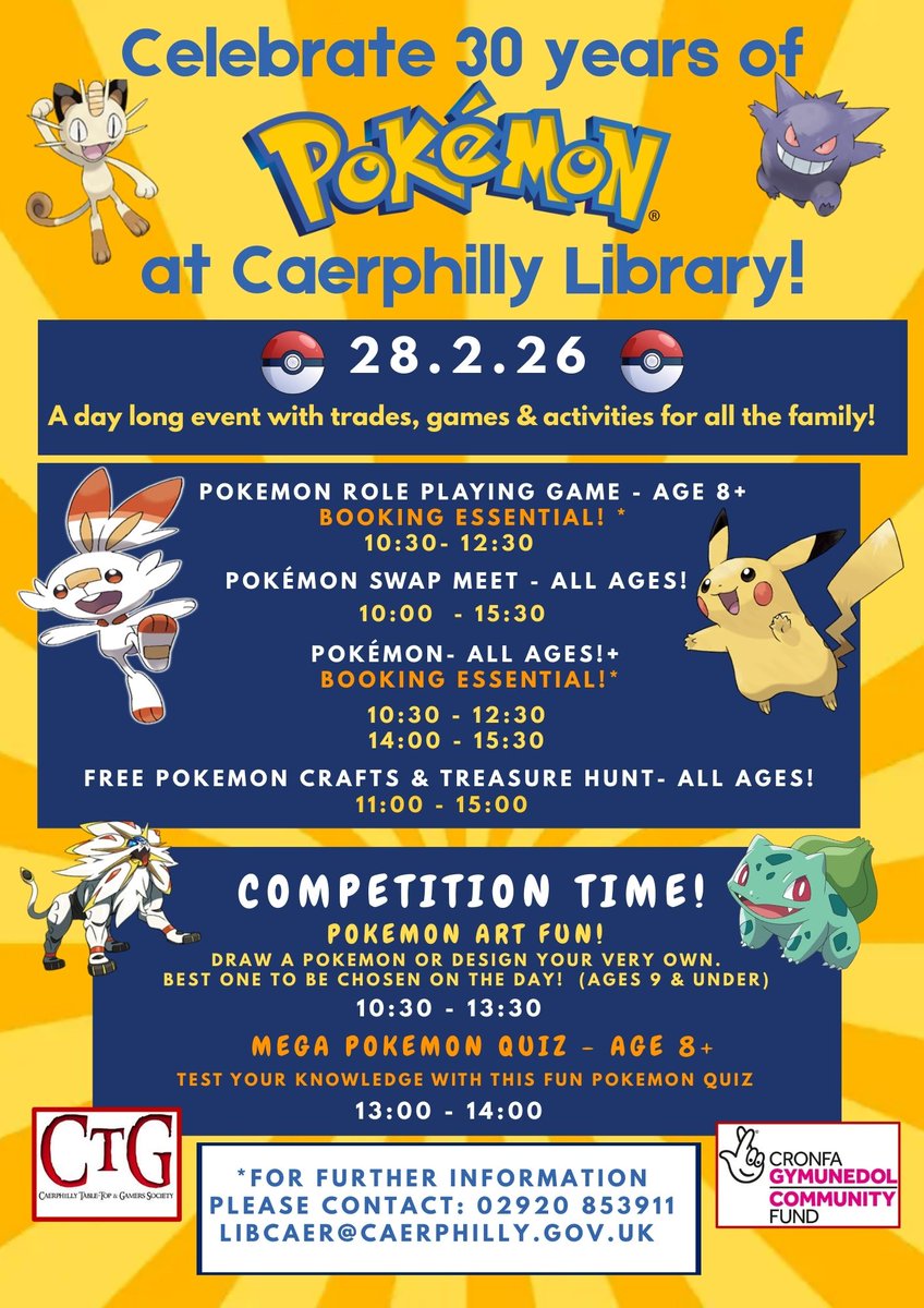 CCaerphilly's tweet photo. Well then #Caerphilly
POKEMON DAY / SWAPMEET
28th Feb 10am - 15:30pm @CaerphillyLib
Pokemon Swapmeet Day is back, celebrating 30th years of #pokemon
A full day of pokemon related activities & competitions
It's FREE to attend @TNLComFundWales
@CaerphillyLibs @CaerphillyCBC https://t.co/ymxMBoSUgN