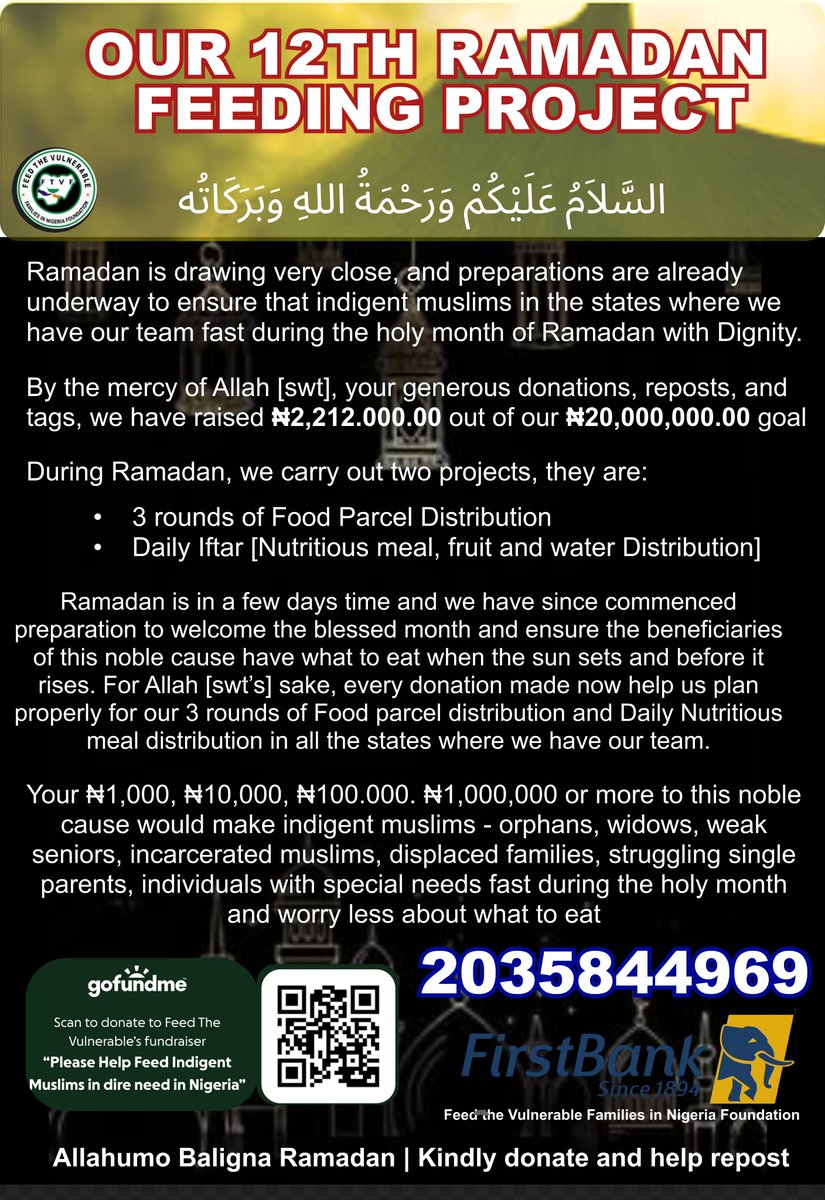 ftvf_foundation's tweet photo. There are so many of our Muslim brothers and sisters in Nigeria who do not get to have a sumptuous meal each day, and fasting during Ramadan reminds a good number of the fortunate muslims of that reality in a difficult, visceral way.

We are connected, all of us in this temporary dunya. Please, if Allah [swt] has blessed you, 𝐊𝐢𝐧𝐝𝐥𝐲 𝐛𝐮𝐲 𝐚 𝐟𝐨𝐨𝐝 𝐩𝐚𝐫𝐜𝐞𝐥 𝐟𝐨𝐫 𝐚 𝐅𝐚𝐦𝐢𝐥𝐲 𝐬𝐨 𝐭𝐡𝐞𝐲 𝐰𝐨𝐮𝐥𝐝 𝐡𝐚𝐯𝐞 𝐰𝐡𝐚𝐭 𝐭𝐨 𝐞𝐚𝐭 𝐝𝐮𝐫𝐢𝐧𝐠 𝐭𝐡𝐞 𝐡𝐨𝐥𝐲 𝐦𝐨𝐧𝐭𝐡.

𝐏𝐥𝐞𝐚𝐬𝐞 𝐝𝐨𝐧𝐚𝐭𝐞 𝐚𝐧𝐝 𝐑𝐞𝐭𝐰𝐞𝐞𝐭