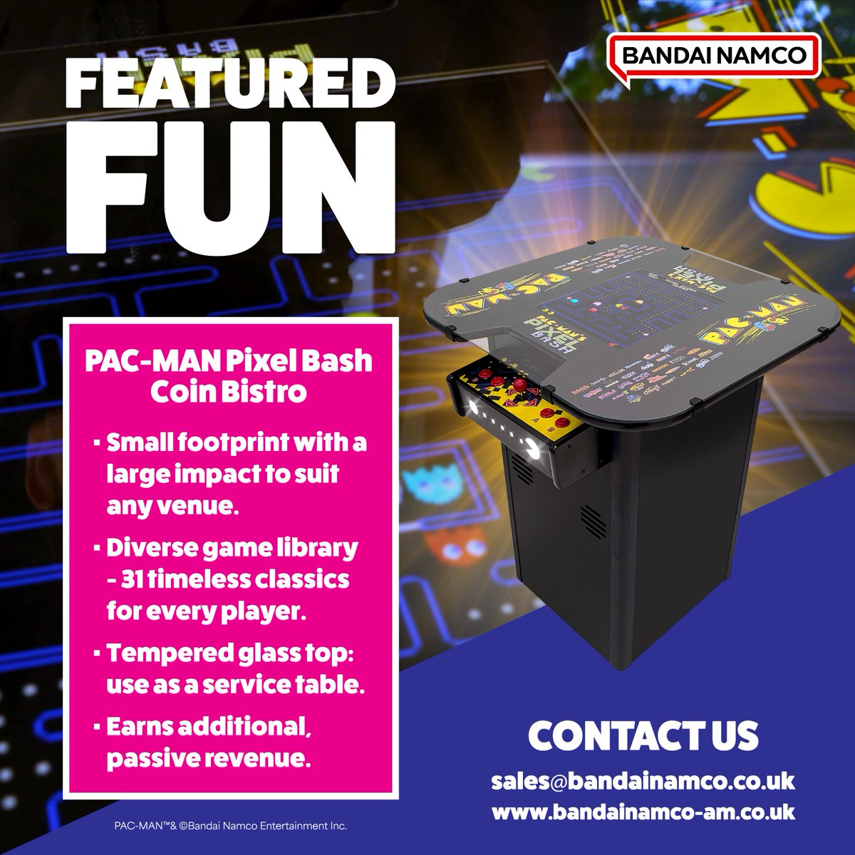 BandaiNamcoAE's tweet image. ✨ The Golden Age of arcade - reimagined ✨

PAC-MAN™ Pixel Bash Coin Bistro brings 31 officially licensed NAMCO arcade legends together in one sleek, space-saving table. From PAC-MAN™ and Galaga™ to Dig Dug™, Xevious™ and Splatterhouse™
#BandaiNamco #PACMAN #ArcadeClassics