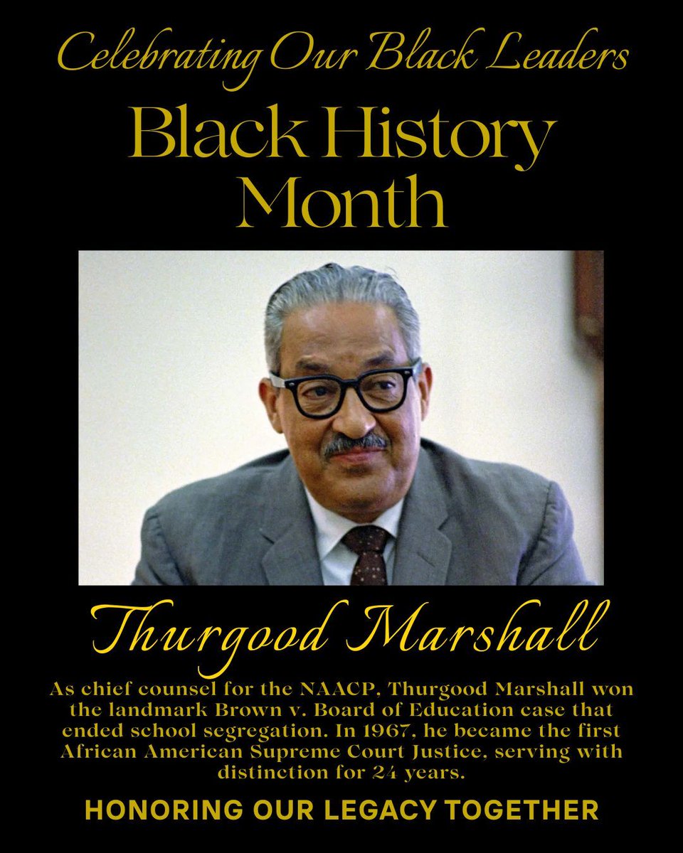 Today, we honor Justice Thurgood Marshall—a champion for equality whose tireless advocacy transformed American justice. As chief counsel for the NAACP, he argued the landmark Brown v. Board of Education case before the Supreme Court, ending legal school segregation. 
 
Justice