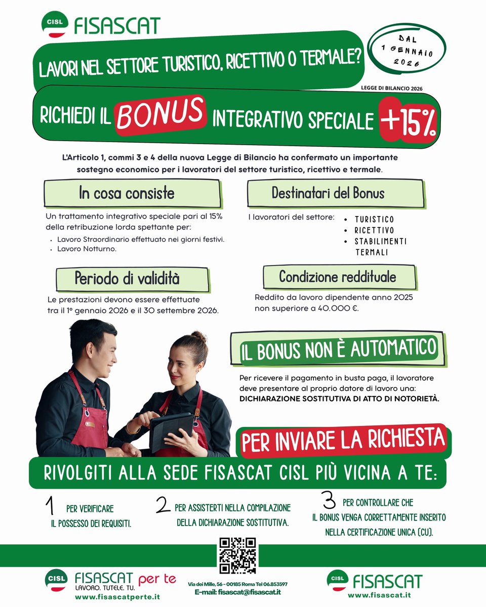 🟢 #LeggeDiBilancio2026 Lavori nel settore #Turistico, #Ricettivo e #Termale? Dal 1° gennaio 2026 puoi richiedere il bonus integrativo speciale del +15% sulla retribuzione per lavoro notturno e straordinario nei giorni festivi. Il bonus non è automatico: spetta ai lavoratori con