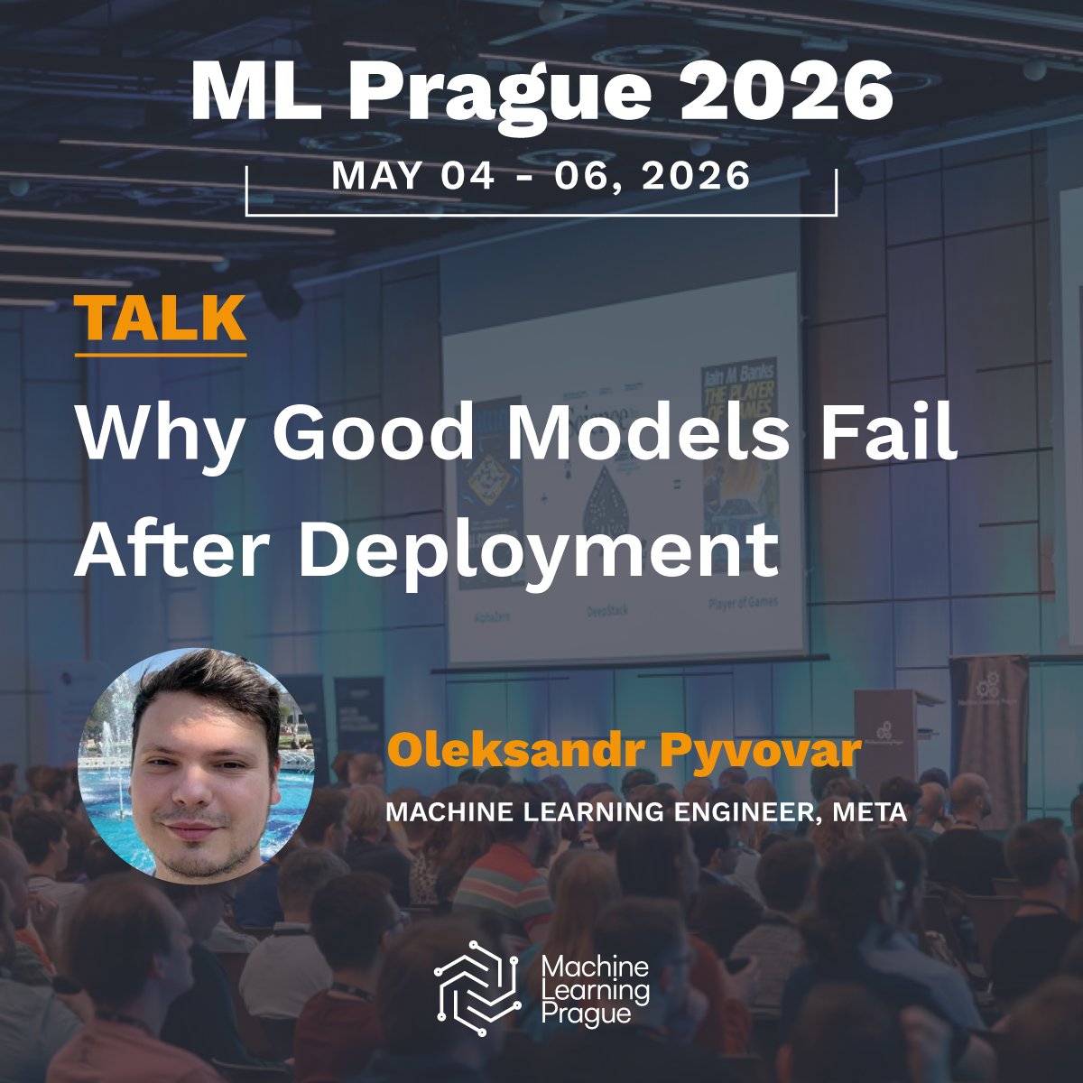 MLPrague's tweet photo. 🚨 Why good ML models fail after deployment

In this talk, Oleksandr Pyvovar (Meta, ex-Intel) explores a paradox many ML practitioners know well: models that perform great offline often fail (or even cause harm) once deployed.

Rather than focusing on architectures, the session examines the environments models operate in, highlighting issues like distribution shift, feedback loops, metric misalignment, delayed effects, and biased data collection.

The talk emphasizes system-level thinking, mental models, and practical strategies, applicable across ranking, search, forecasting, and decision-making systems.

👉 If you’ve ever said “but it worked great offline”, this talk is for you.
➡️ Learn more about this year's program at https://t.co/yjKZ15WJbU

#mlprague #mlprague2026 #machinelearning #ai #conference #machinelearningconference #aiconferences #aiconferences2026 #mlconference#workshops #prague